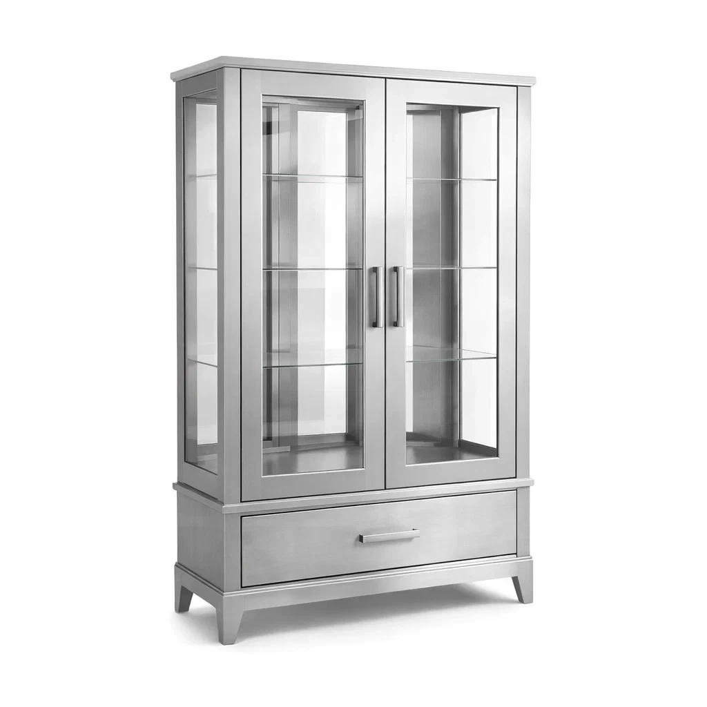 Vitrine mit Glastüren aus MDF und gehärtetem Glas Silber 180cm-MEUBETRIX
