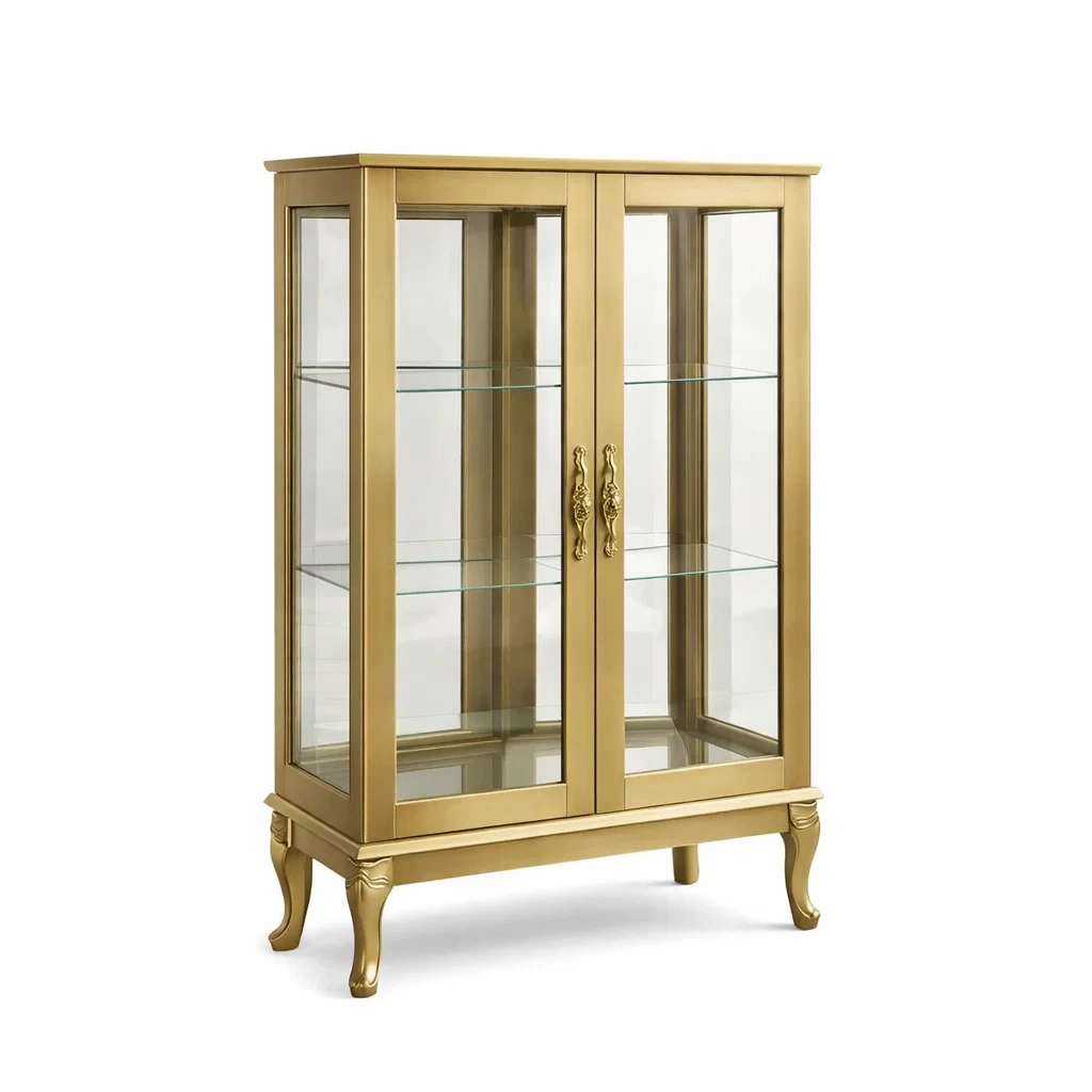 Vitrine aus Metall und gehärtetem Glas in Gold mit zwei Türen 180x90x40 cm-MEUBETRIX