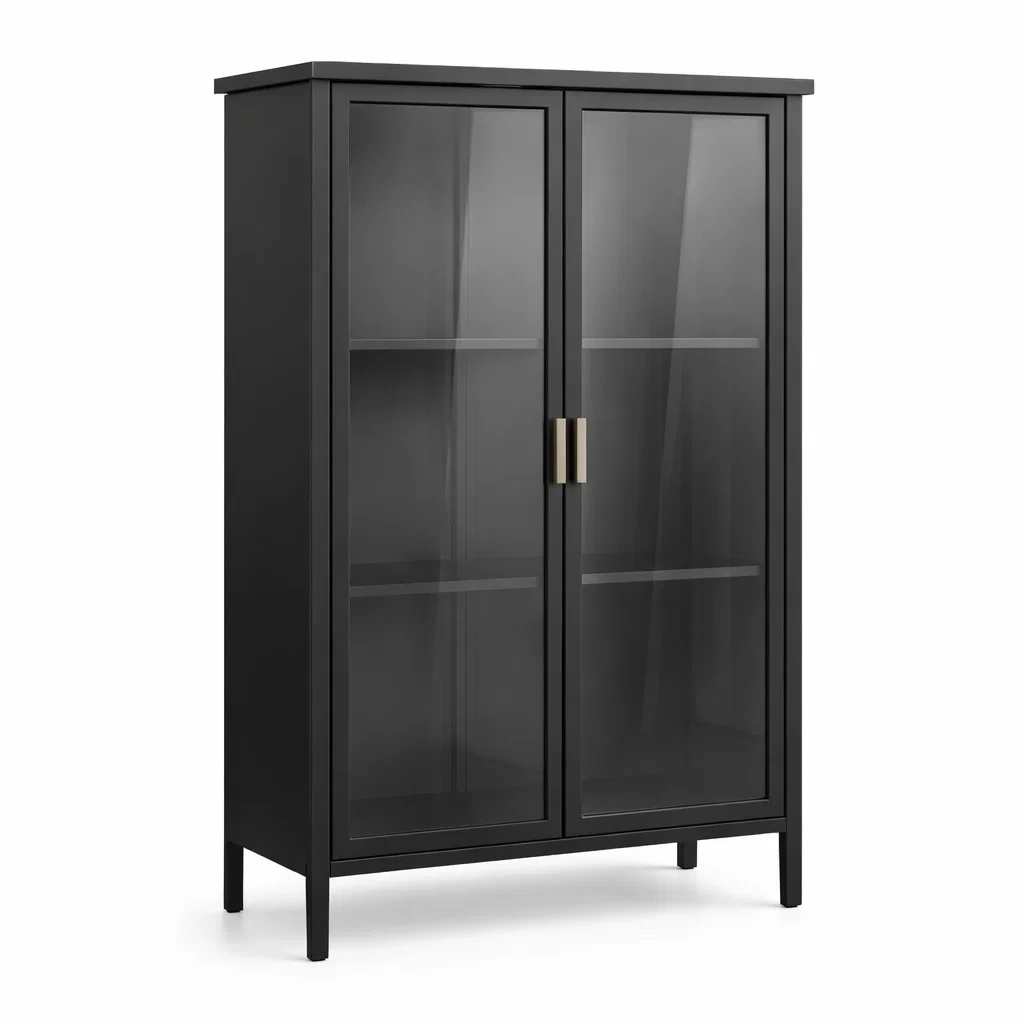 Schwarzer MDF-Schrank mit 4mm gehärteten Glastüren 160cm-MEUBETRIX