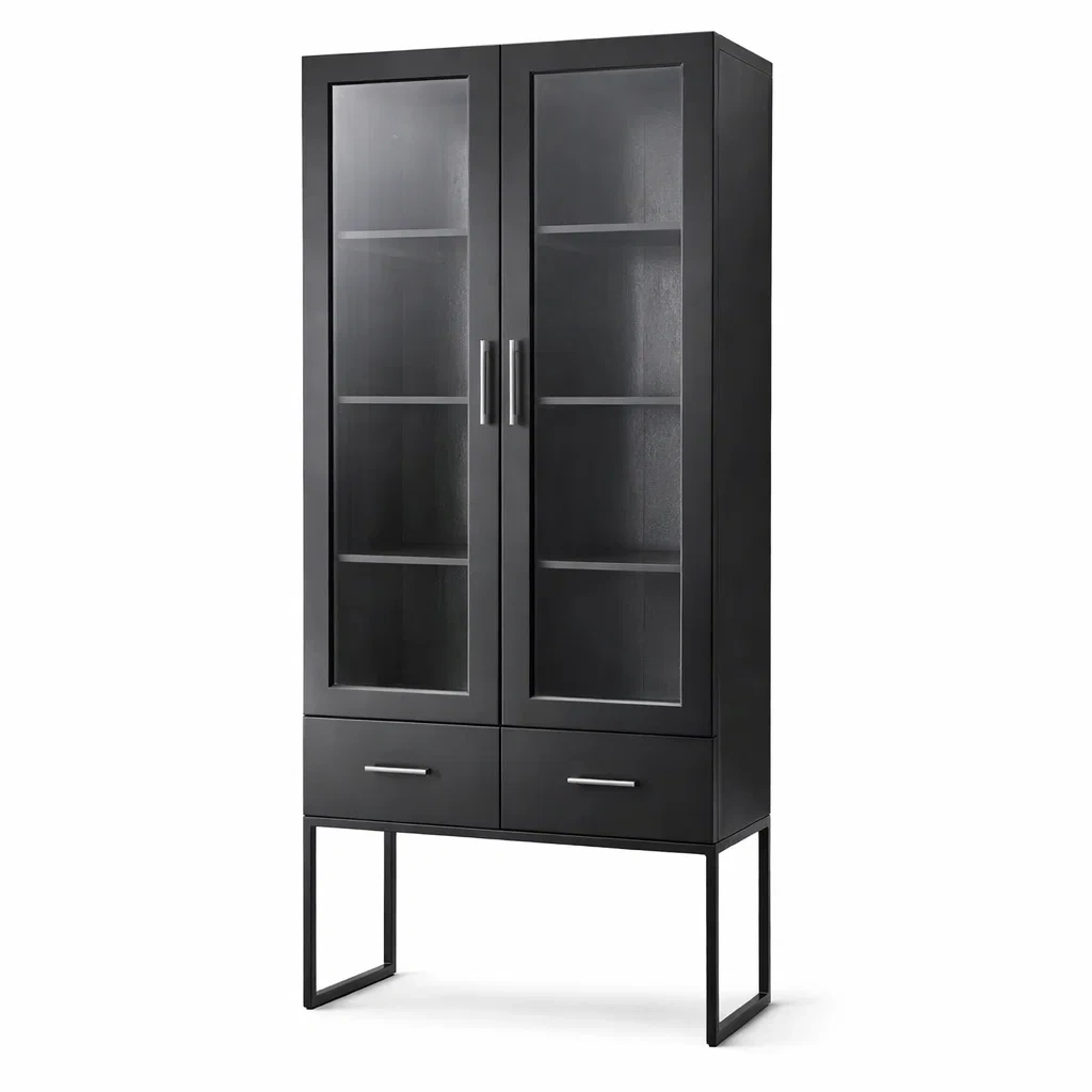 Schrank mit Glastüren aus MDF und Stahl, Schwarz 180 cm-MEUBETRIX