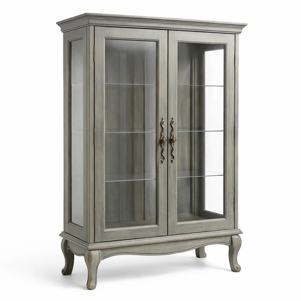 Vitrine Eiche Massivholz Gehärtetes Glas Grau 120cm x 40cm x 200cm-MEUBETRIX