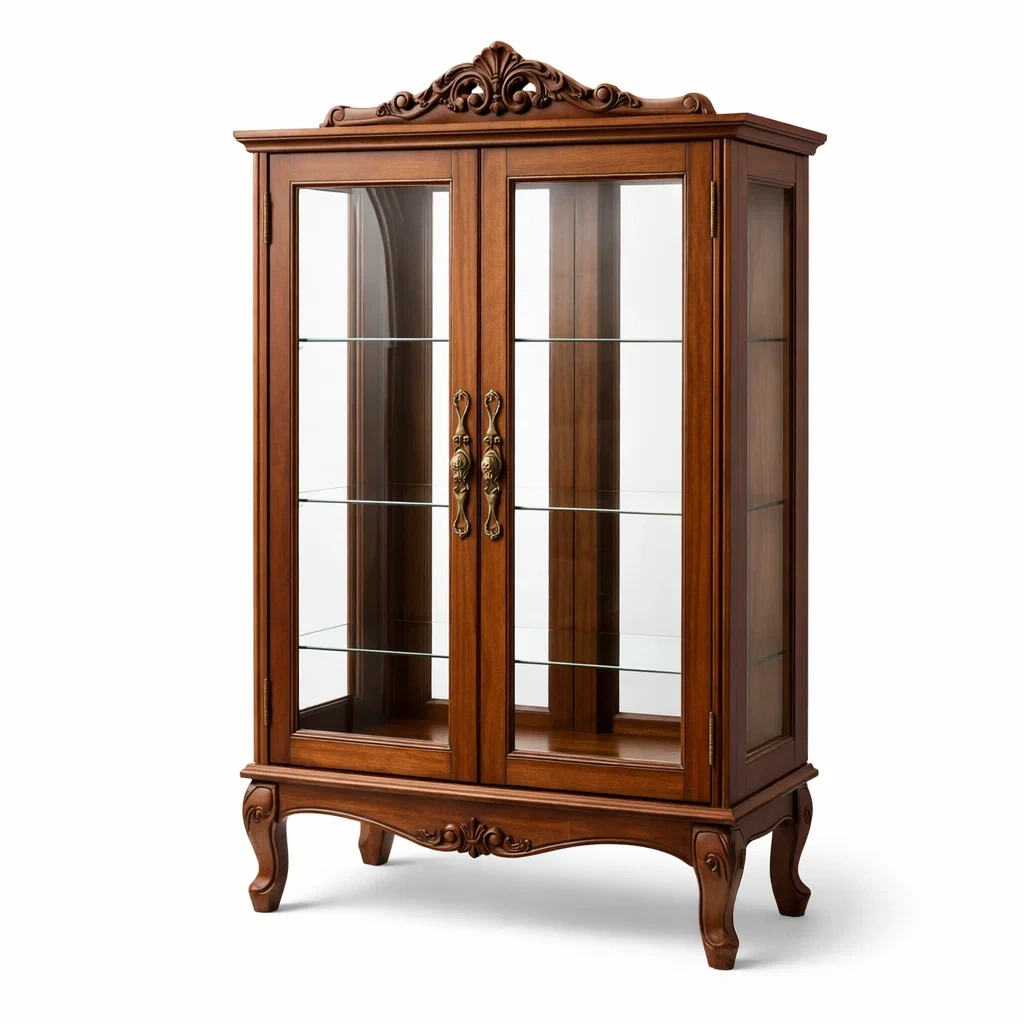 Holzvitrine mit Glastüren und verzierter Krone-MEUBETRIX