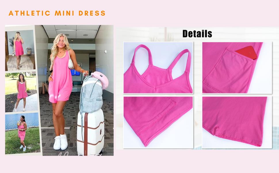 Women's Summer Sleeveless Mini Dress with Built-in Shorts V Neck Spaghetti Straps Athletic Shorts Tennis Dress with Pockets