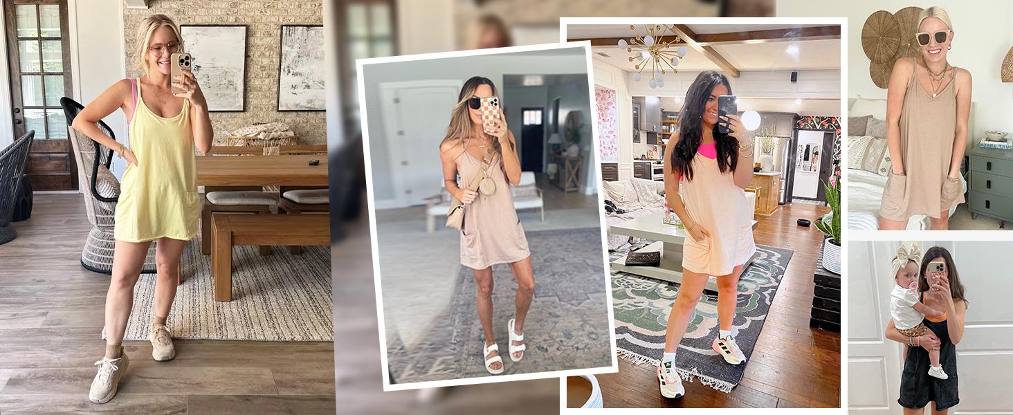 Women's Summer Sleeveless Mini Dress with Built-in Shorts V Neck Spaghetti Straps Athletic Shorts Tennis Dress with Pockets