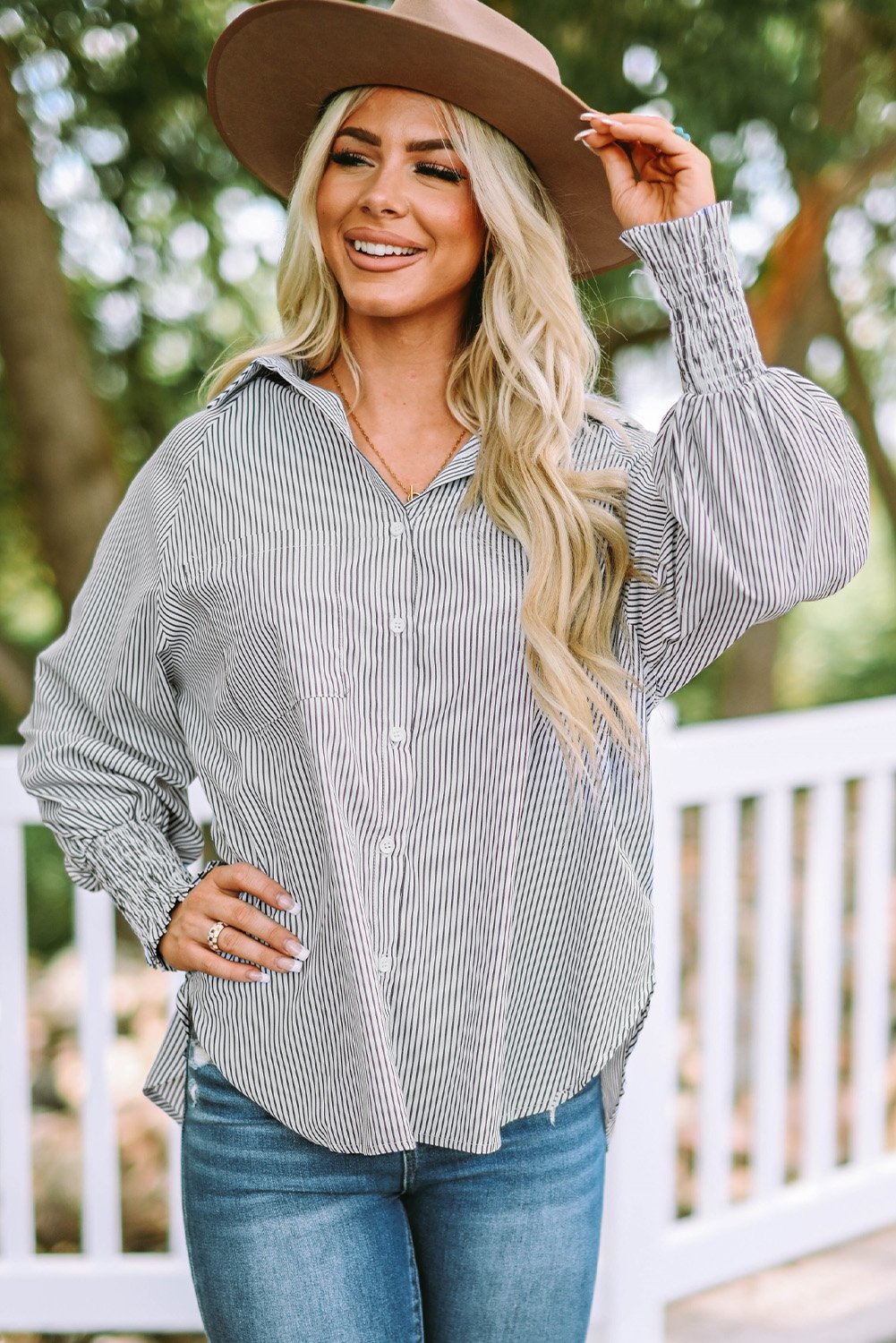 (🎁Last Day 49% OFF)✨This Week's Special Price $13.99💥Mid-length smocked shirt with striped lapel and oversized drawdown sleeves