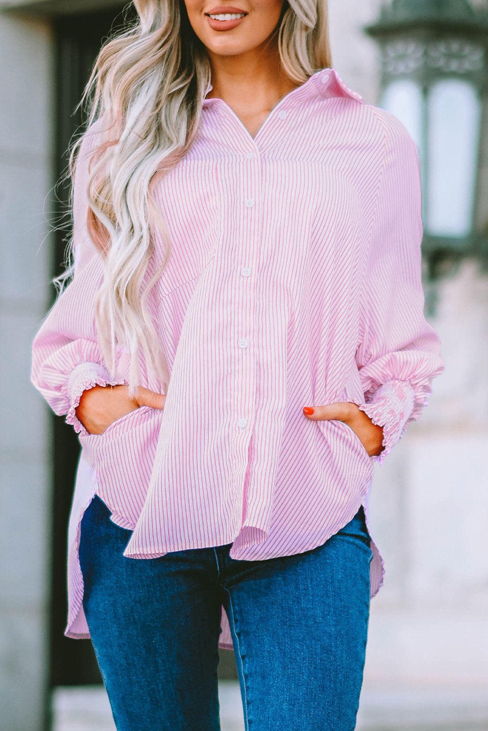 (🎁Last Day 49% OFF)✨This Week's Special Price $13.99💥Mid-length smocked shirt with striped lapel and oversized drawdown sleeves