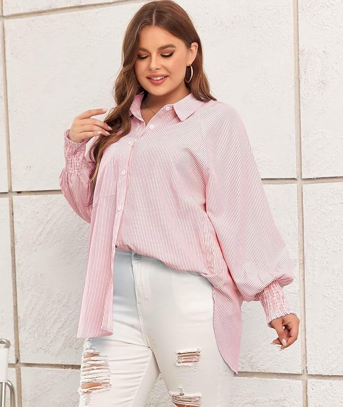 (🎁Last Day 49% OFF)✨This Week's Special Price $13.99💥Mid-length smocked shirt with striped lapel and oversized drawdown sleeves
