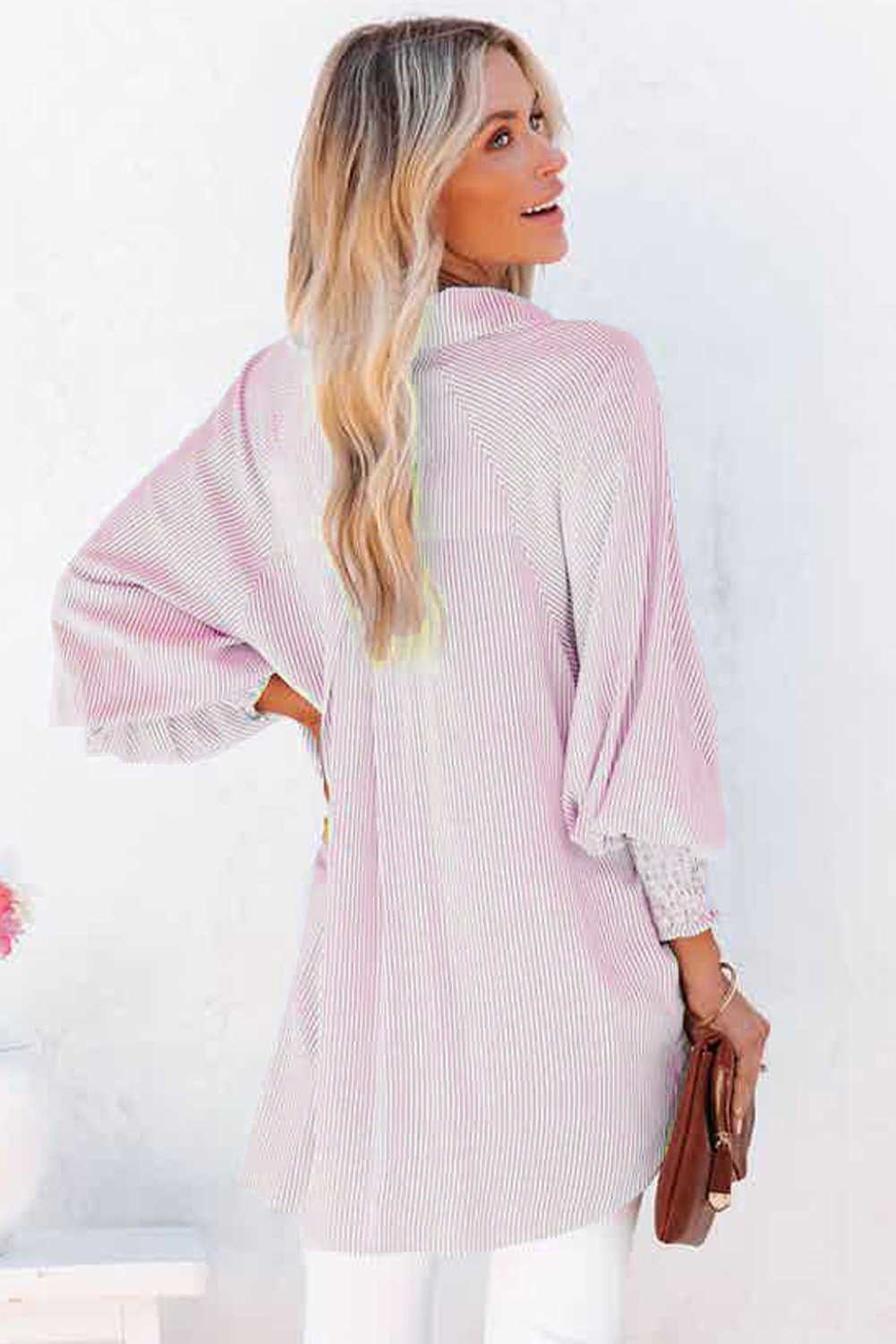 (🎁Last Day 49% OFF)✨This Week's Special Price $13.99💥Mid-length smocked shirt with striped lapel and oversized drawdown sleeves