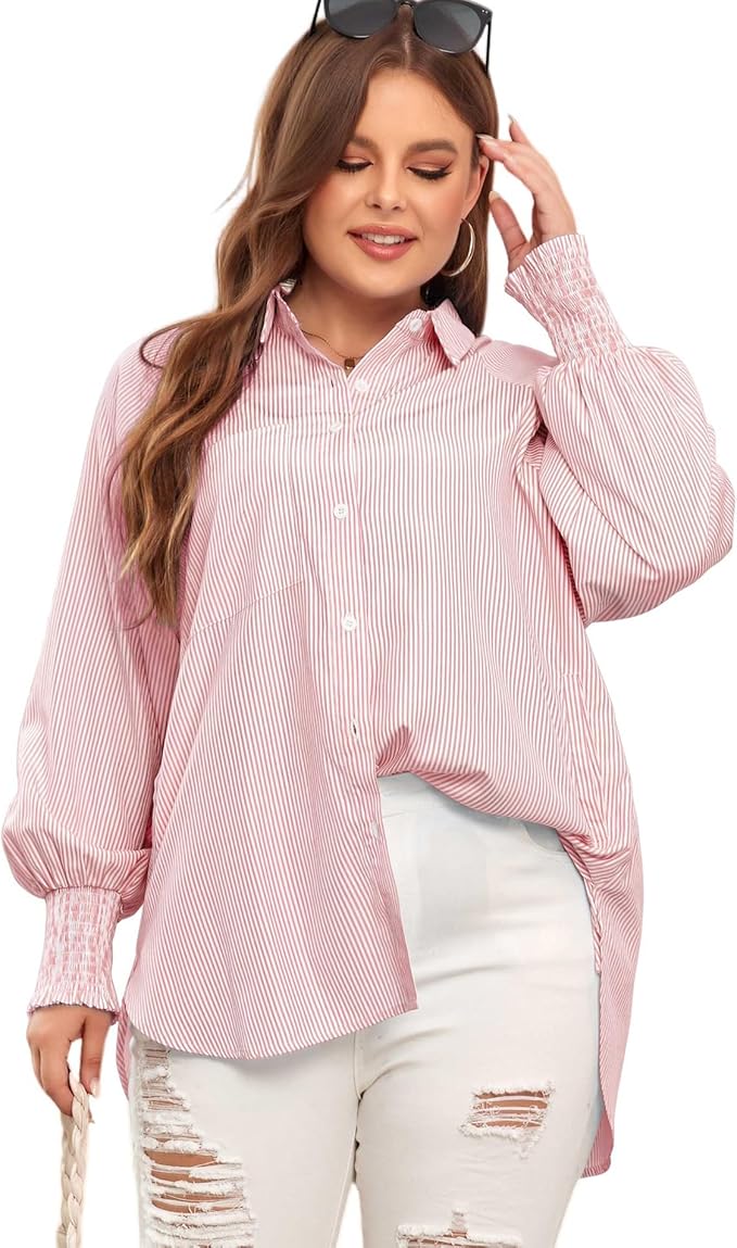 (🎁Last Day 49% OFF)✨This Week's Special Price $13.99💥Mid-length smocked shirt with striped lapel and oversized drawdown sleeves