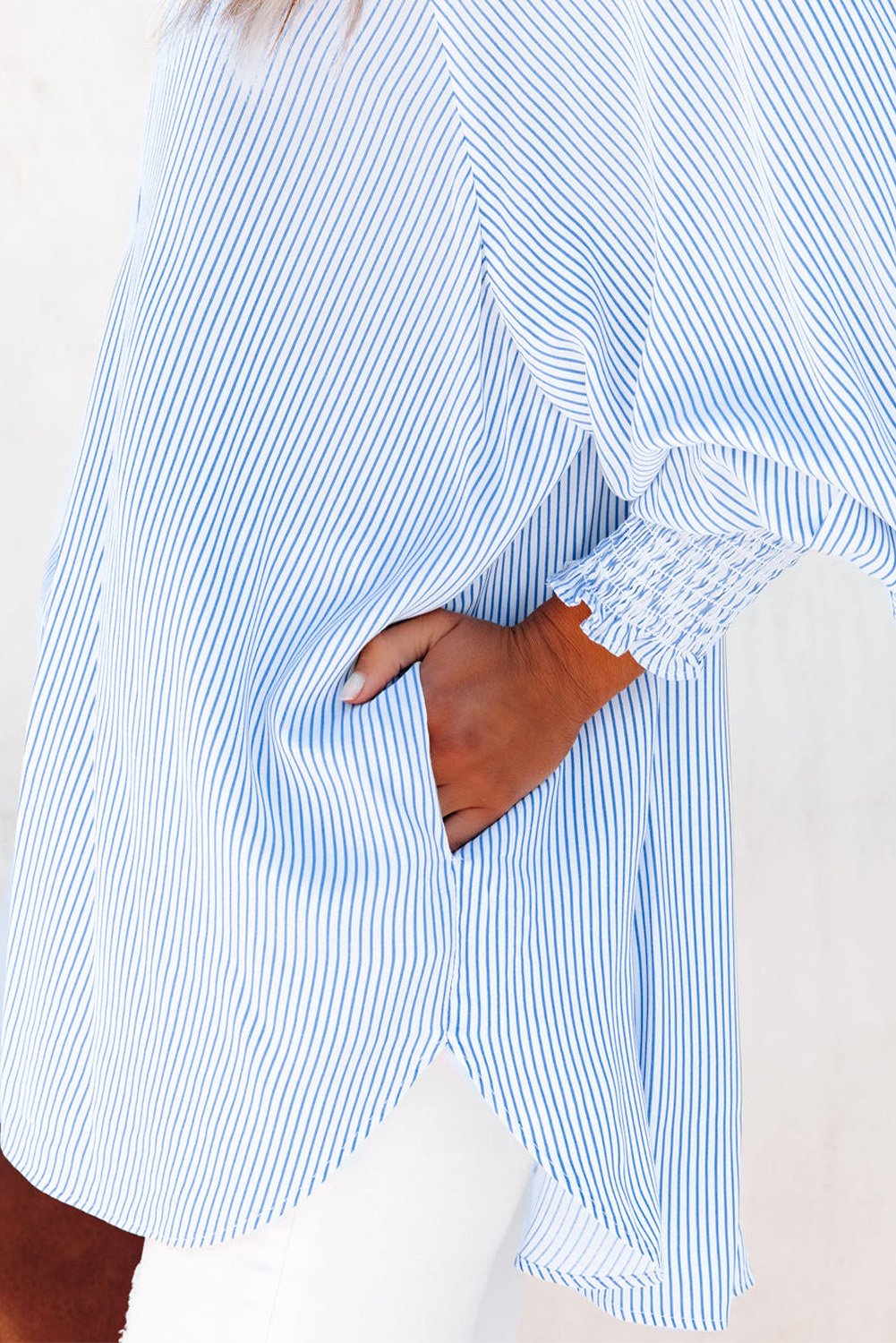 (🎁Last Day 49% OFF)✨This Week's Special Price $13.99💥Mid-length smocked shirt with striped lapel and oversized drawdown sleeves
