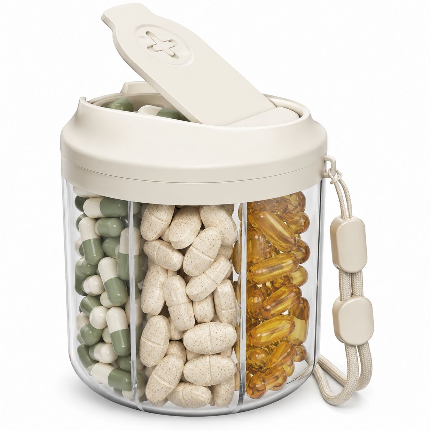 Boîte à Pilules Portable Beige avec 3 Compartiments - 150 ml-dwellumor