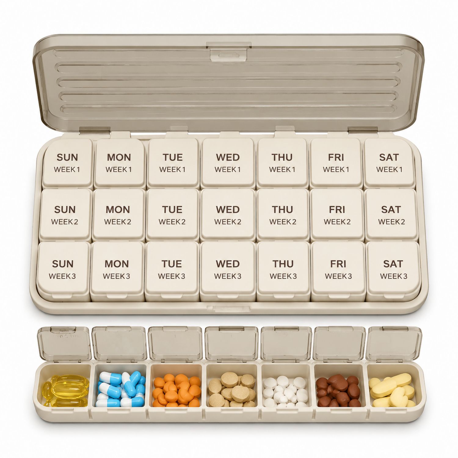 Pilulier Hebdomadaire 21 Compartiments Beige-dwellumor