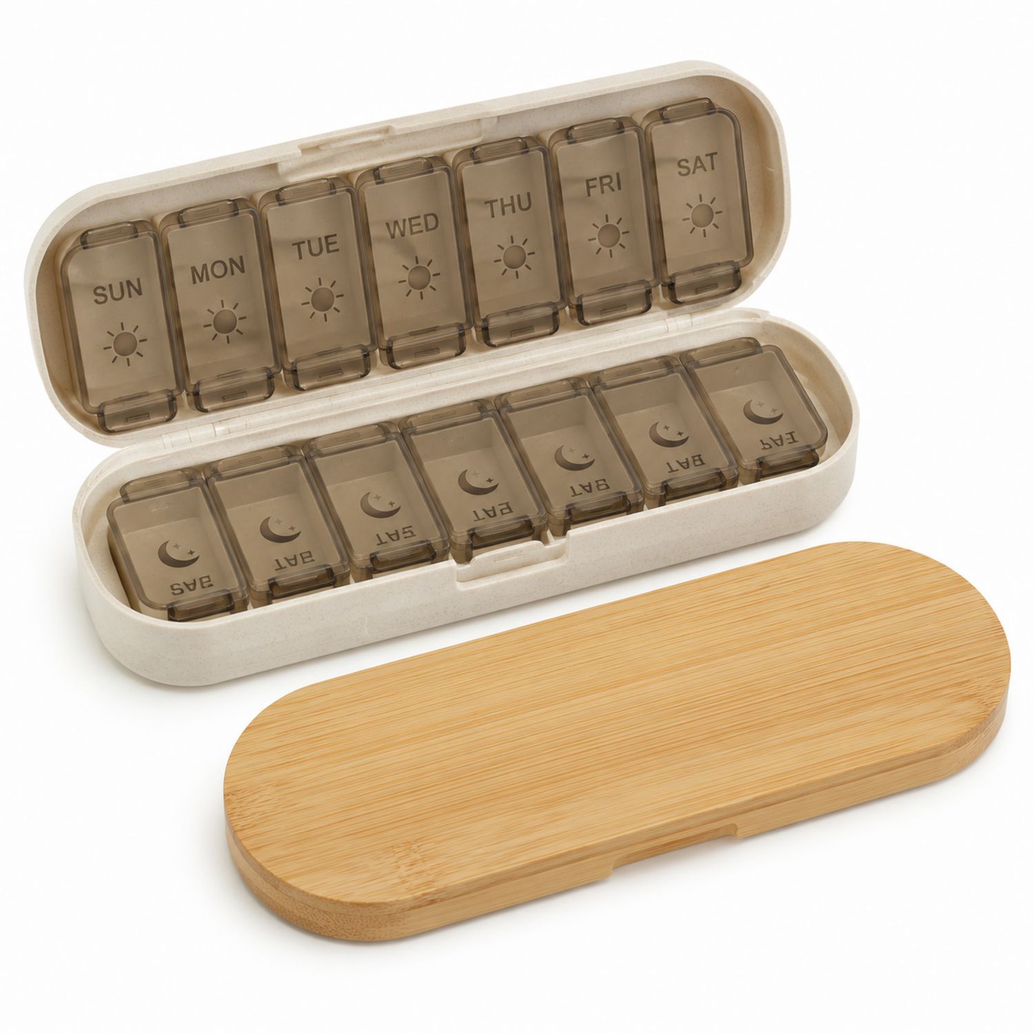Pilulier Hebdomadaire Brun/Beige avec Couvercle en Bambou-dwellumor