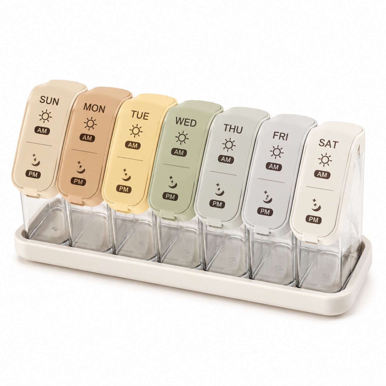 Boîte à Pilules Hebdomadaire à Compartiments Multiples - Beige, Marron, Jaune, Vert, Gris, Blanc-dwellumor
