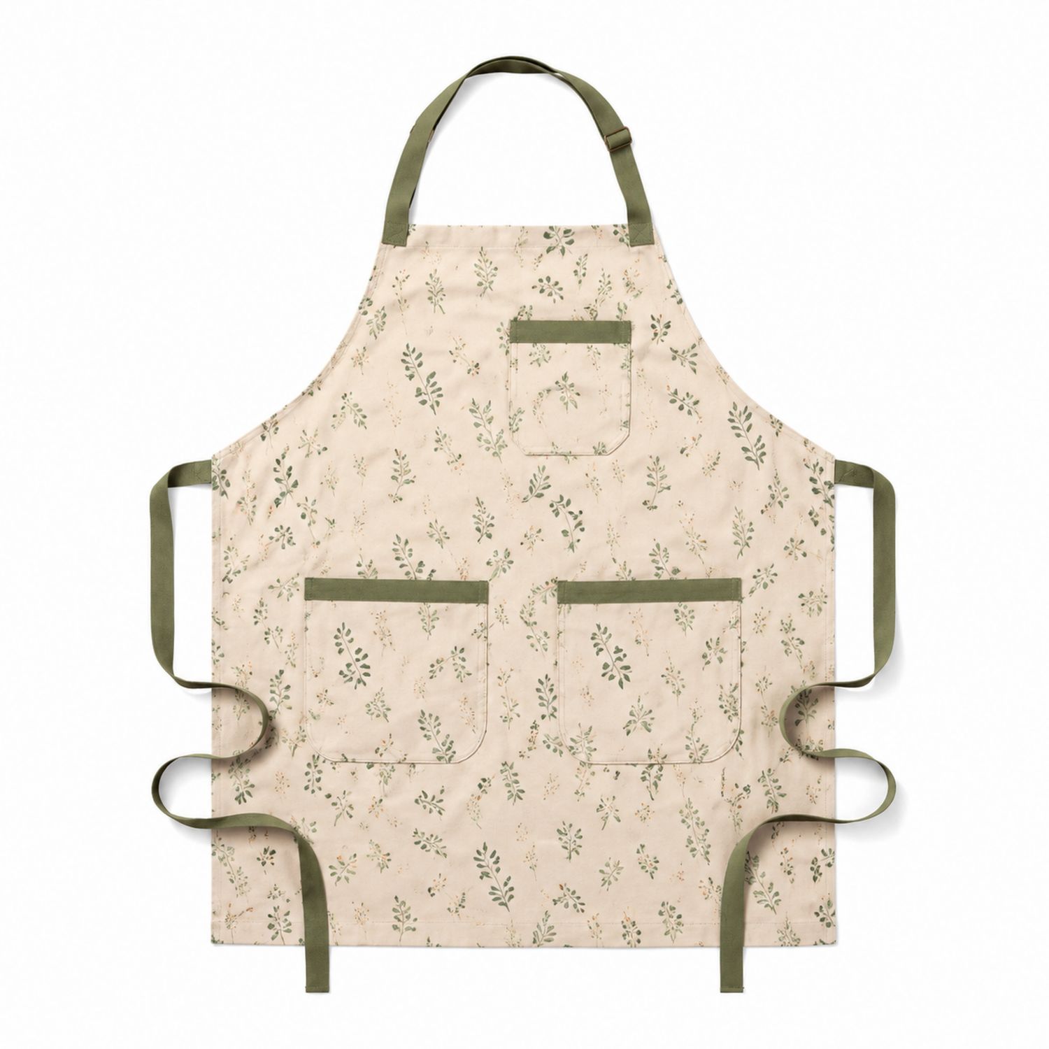 Tablier de Cuisine Imprimé Floral avec Poches Beige et Vert