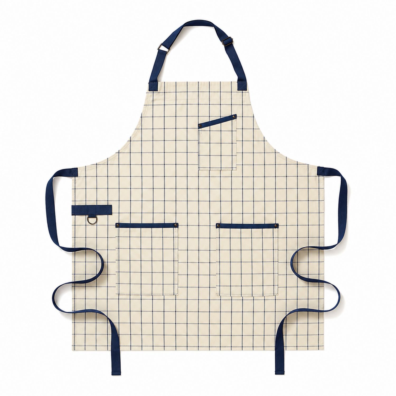 Tablier de cuisine à carreaux bleu et beige avec poches multiples