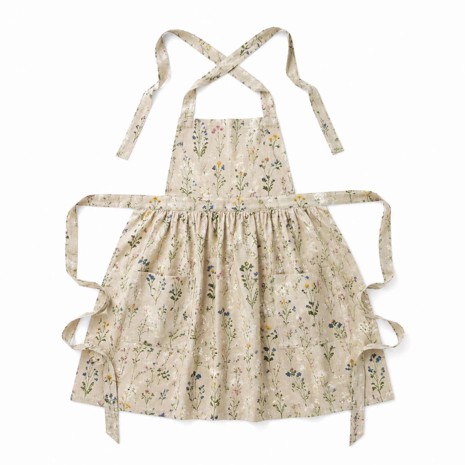Tablier de Cuisine à Motif Floral avec Poches - Beige/Multicolore
