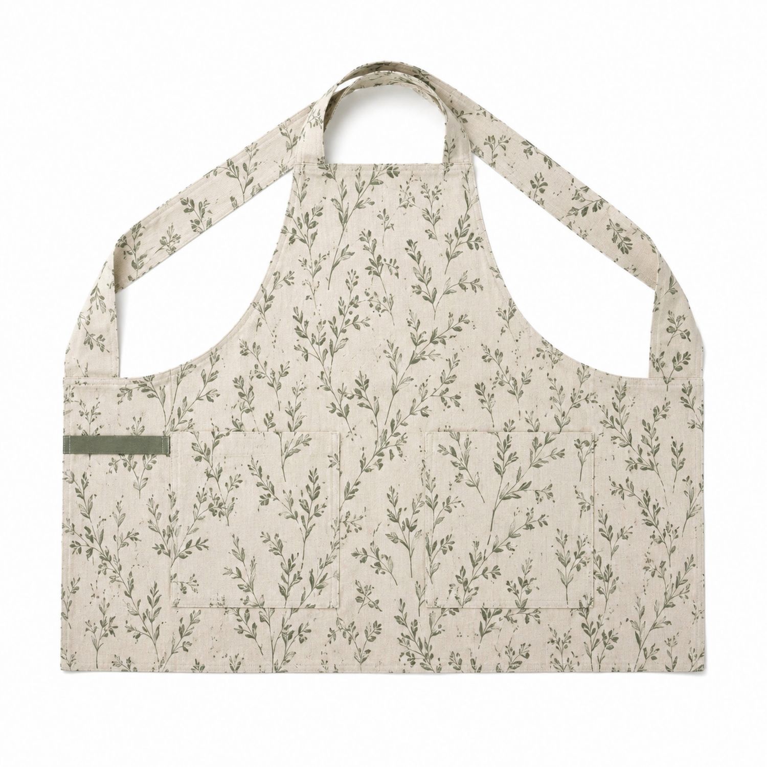 Tablier de Cuisine Imprimé Floral Beige et Vert
