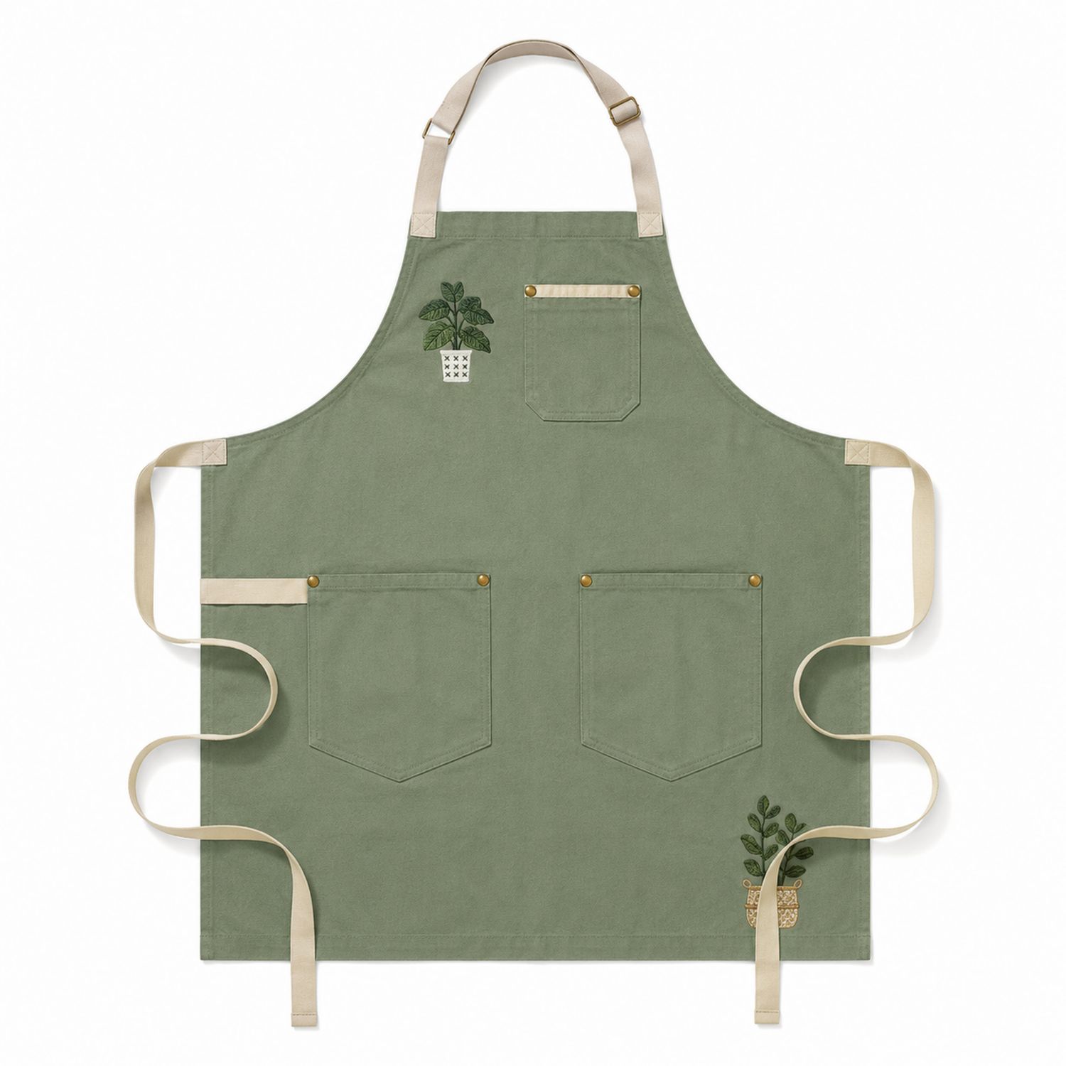 Tablier vert olive avec poches et broderies
