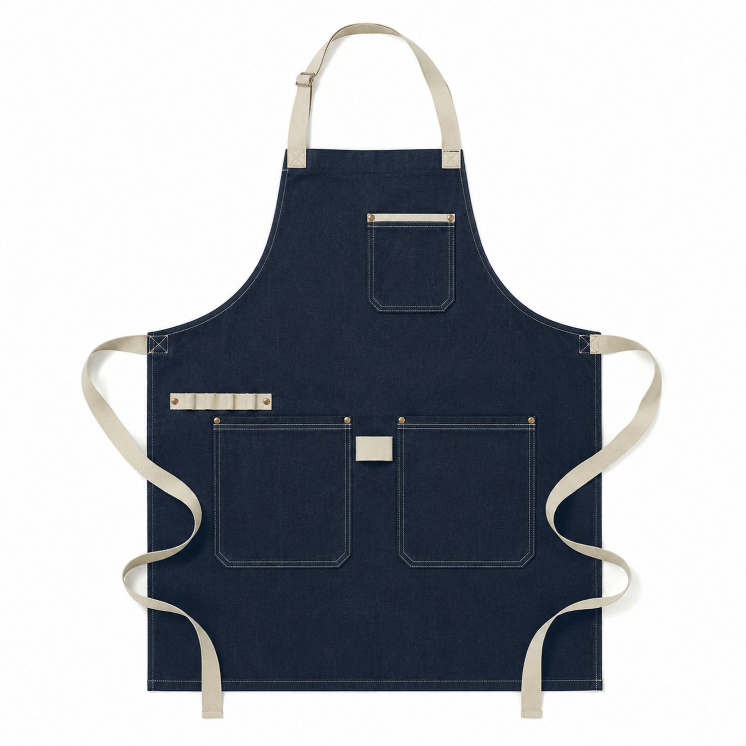 Tablier de Cuisine en Denim avec Poches, Bleu/Beige