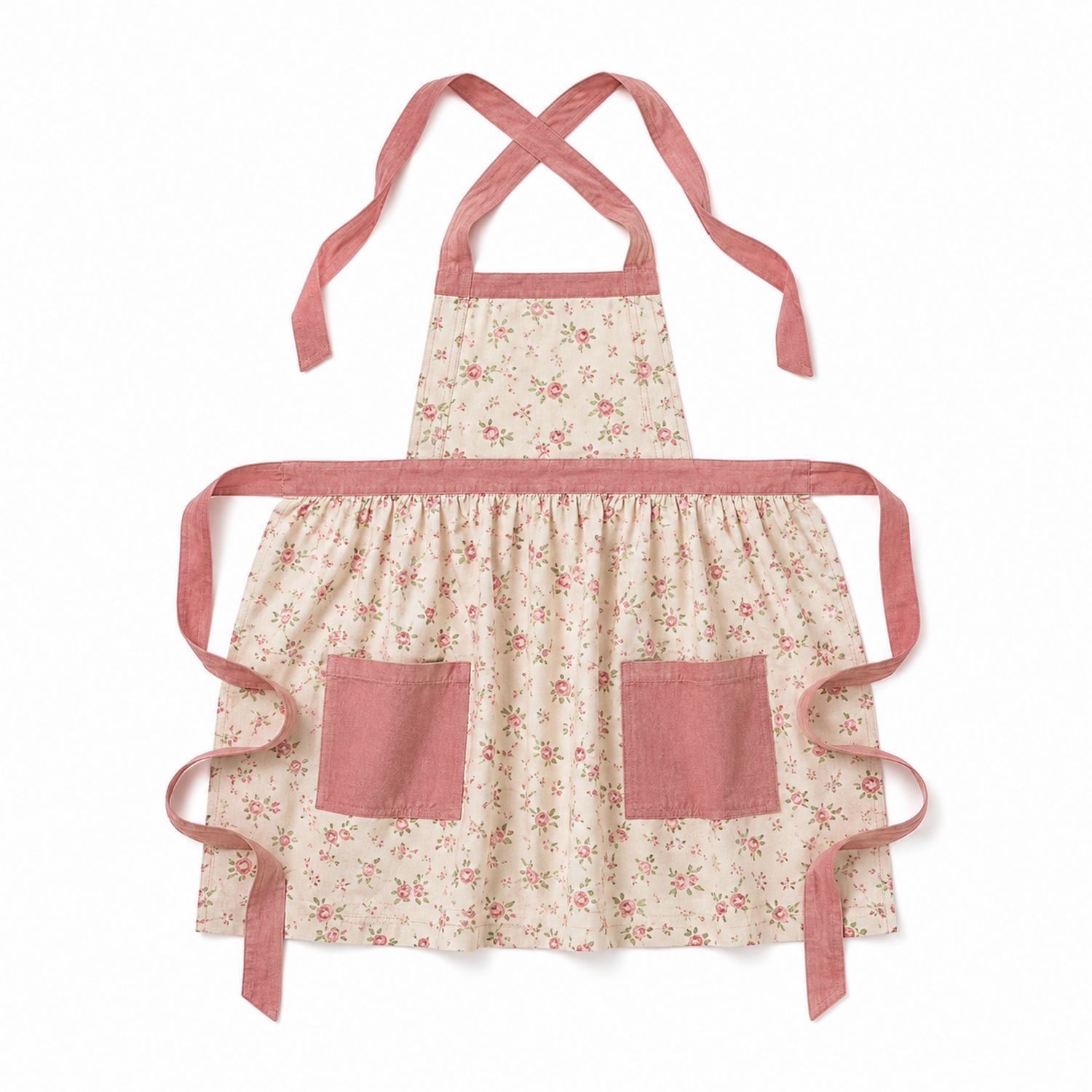 Tablier de Cuisine à Motifs Floraux Rose et Écru avec Poches