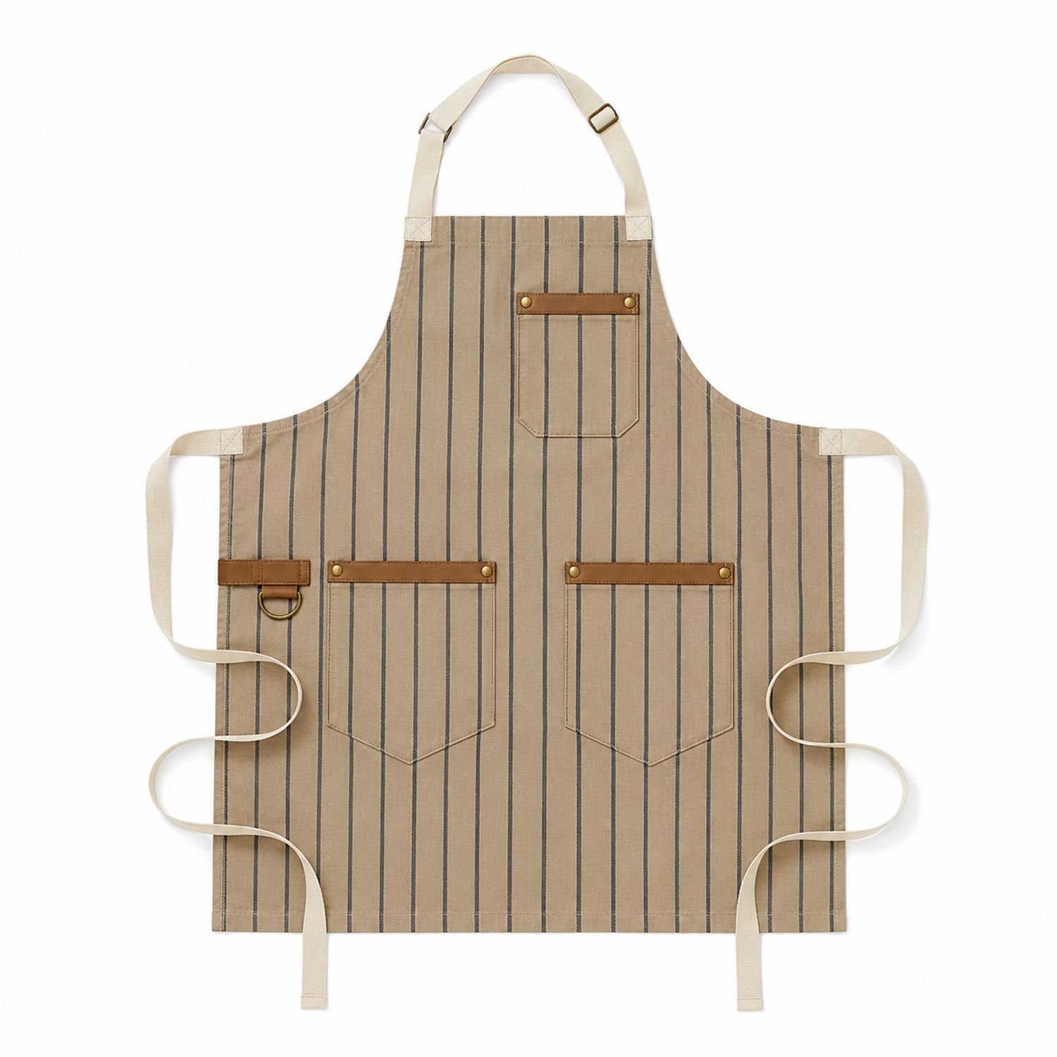 Tablier de Cuisine Beige à Rayures avec Poches Multiples