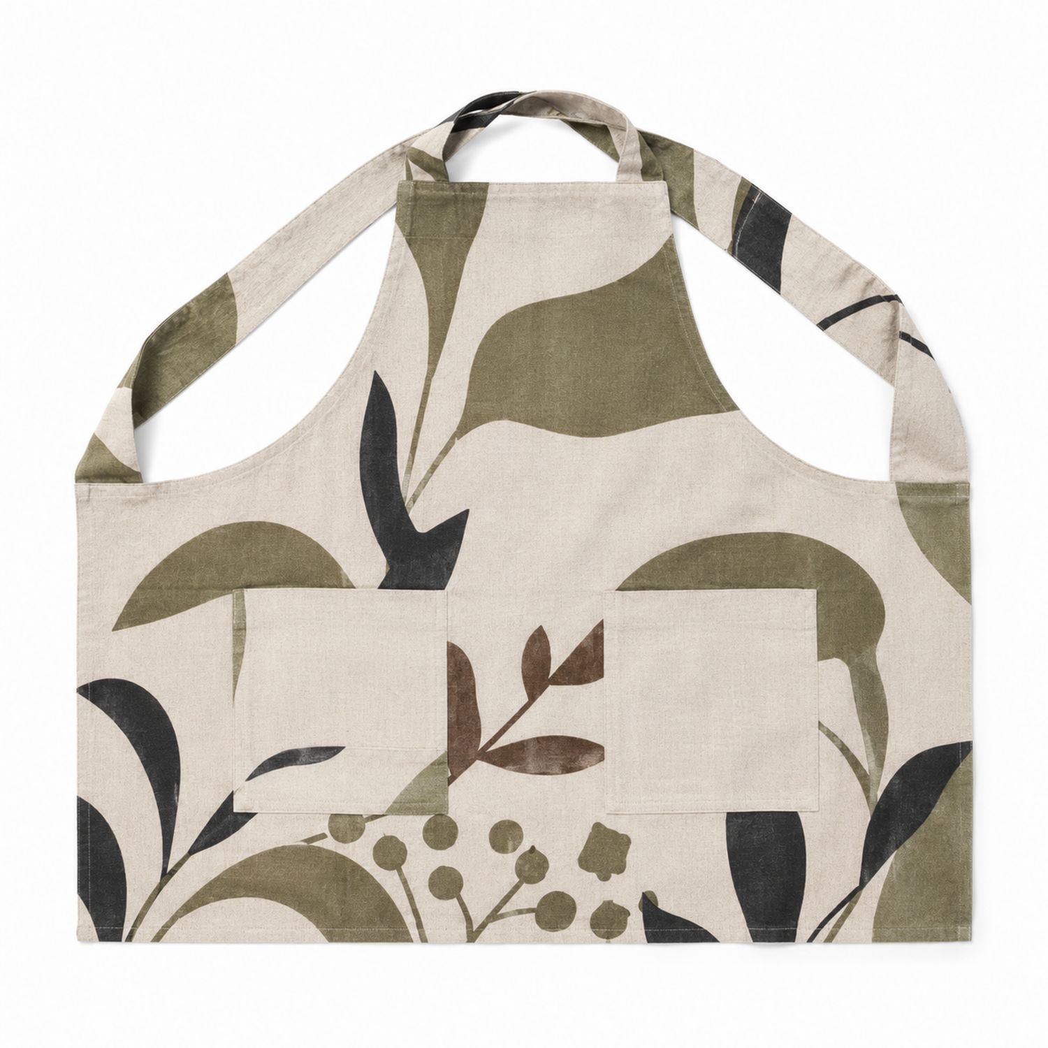 Tablier de Cuisine à Motif Botanique Vert, Beige et Noir