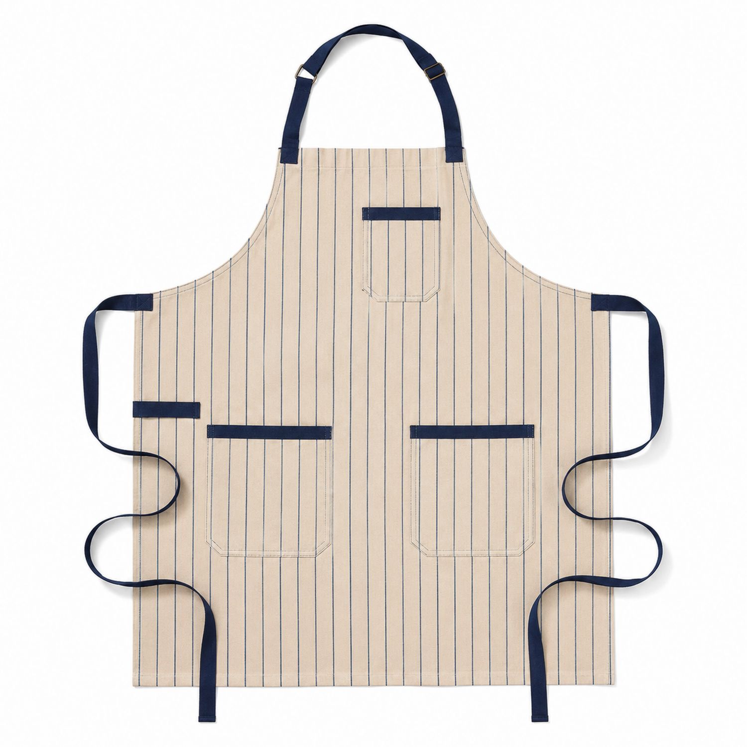 Tablier de Cuisine à Rayures Beige et Bleu avec Poches