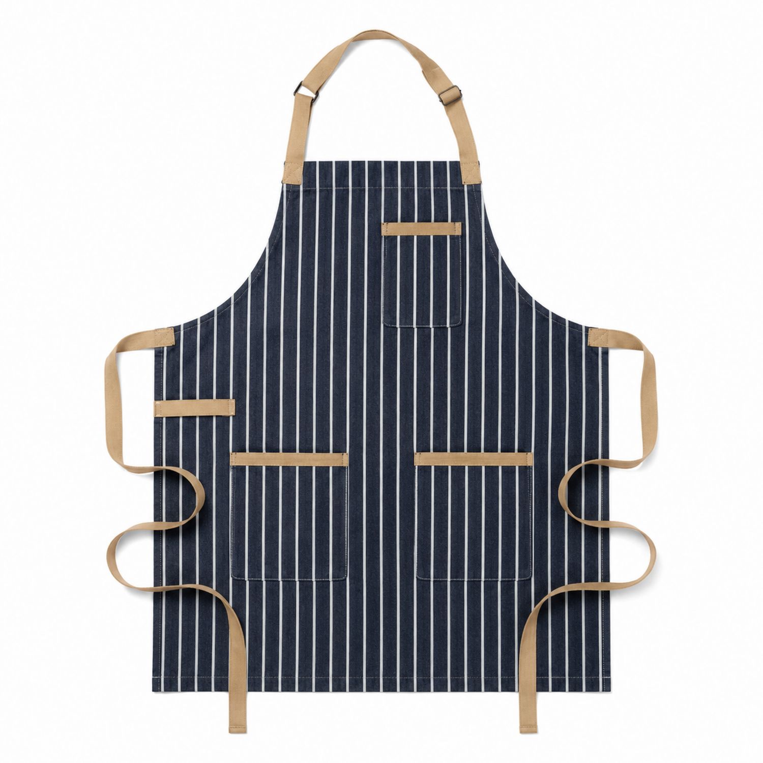 Tablier de cuisine rayé bleu et beige avec poches ajustables