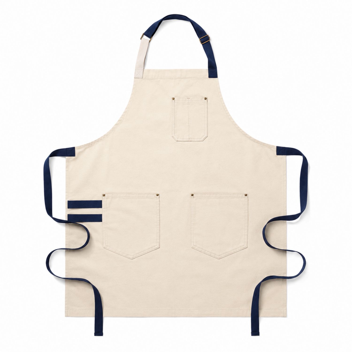Tablier de cuisine beige avec poches multiples et détails bleus