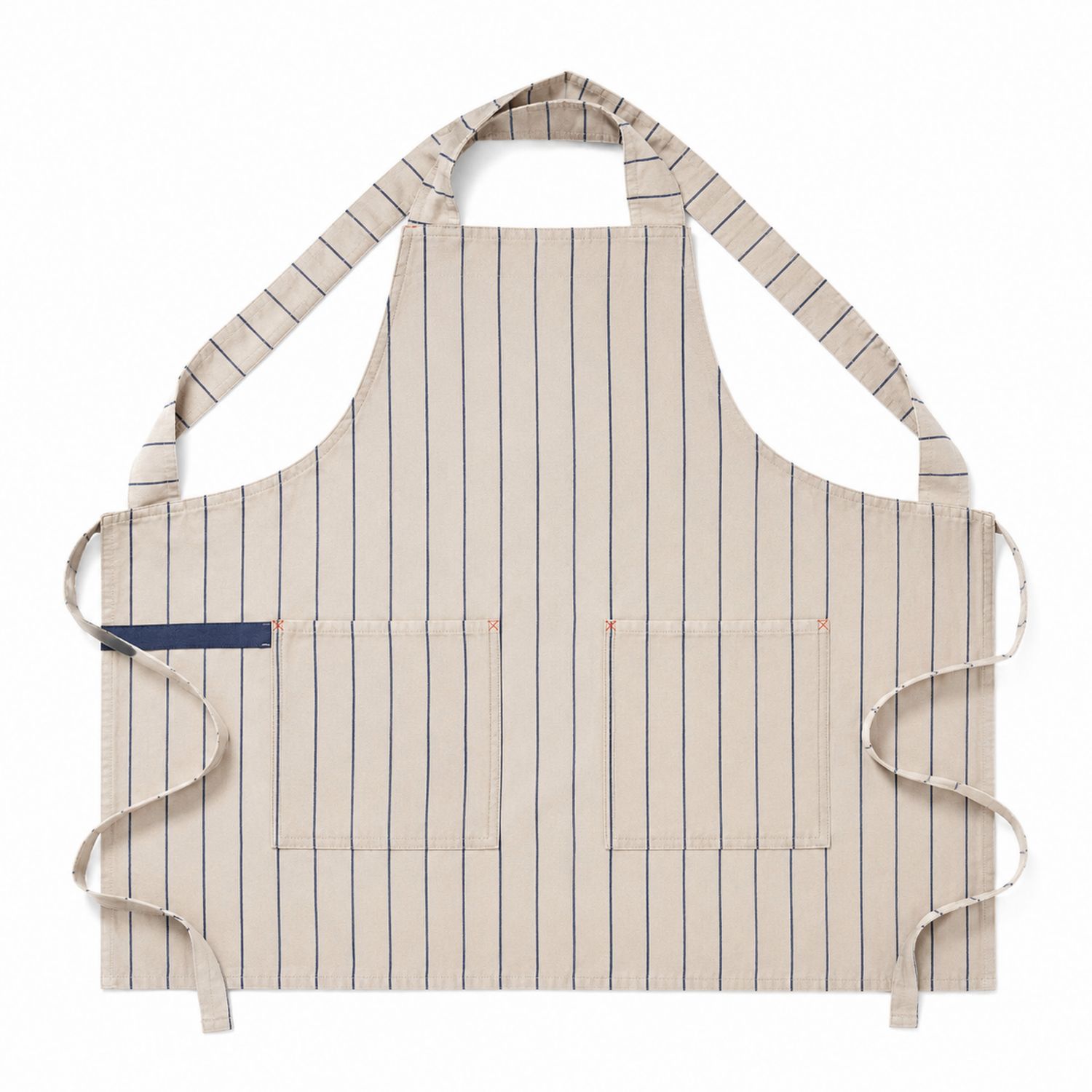 Tablier de Cuisine à Rayures Beige et Bleu avec Poches