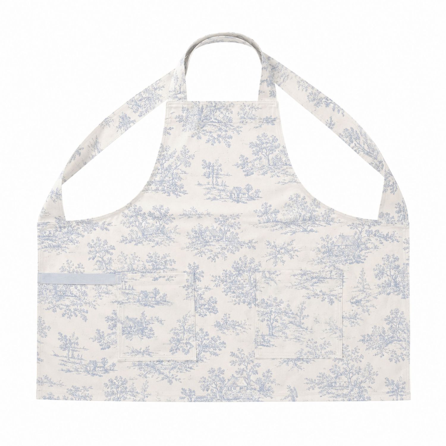 Tablier de cuisine blanc avec motif toile de Jouy bleu