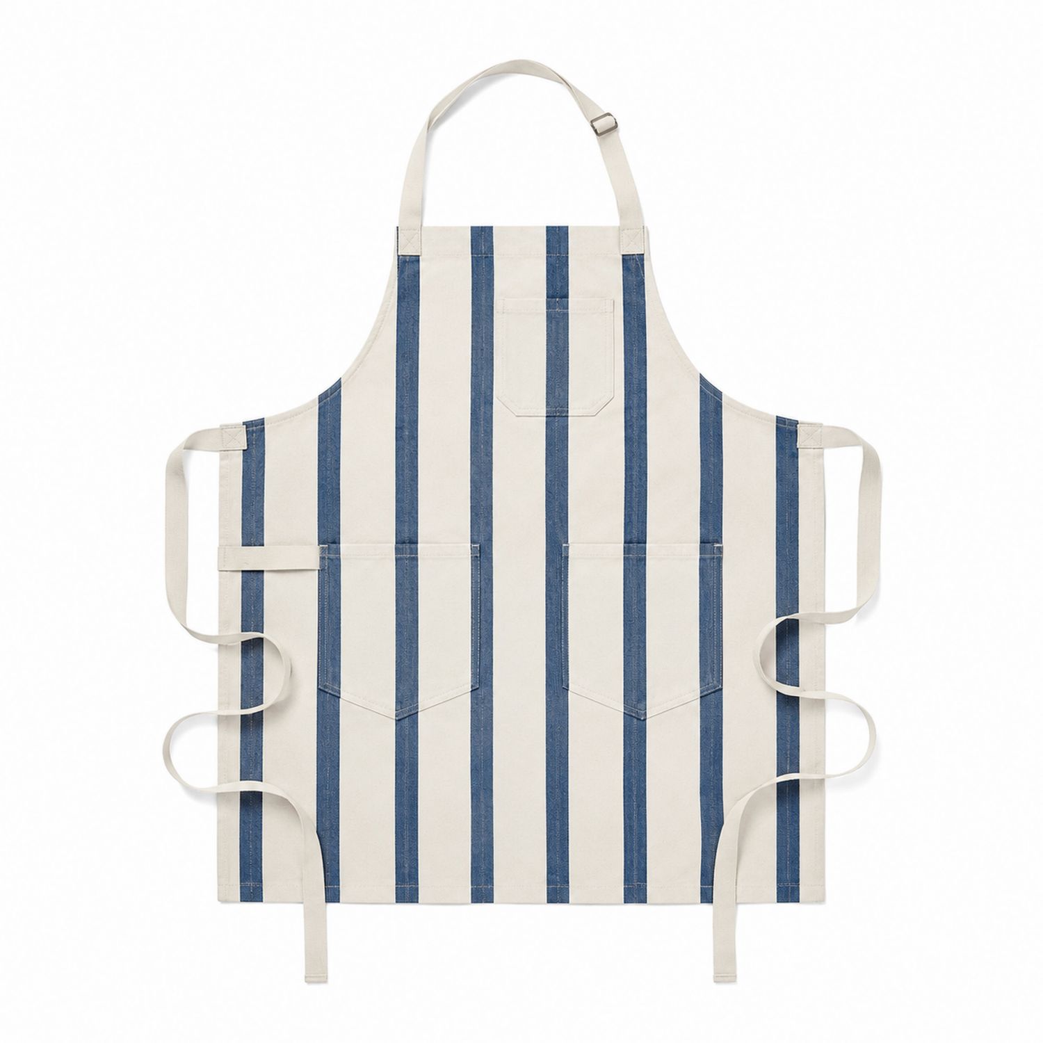 Tablier de cuisine à rayures bleu et blanc avec poches réglables