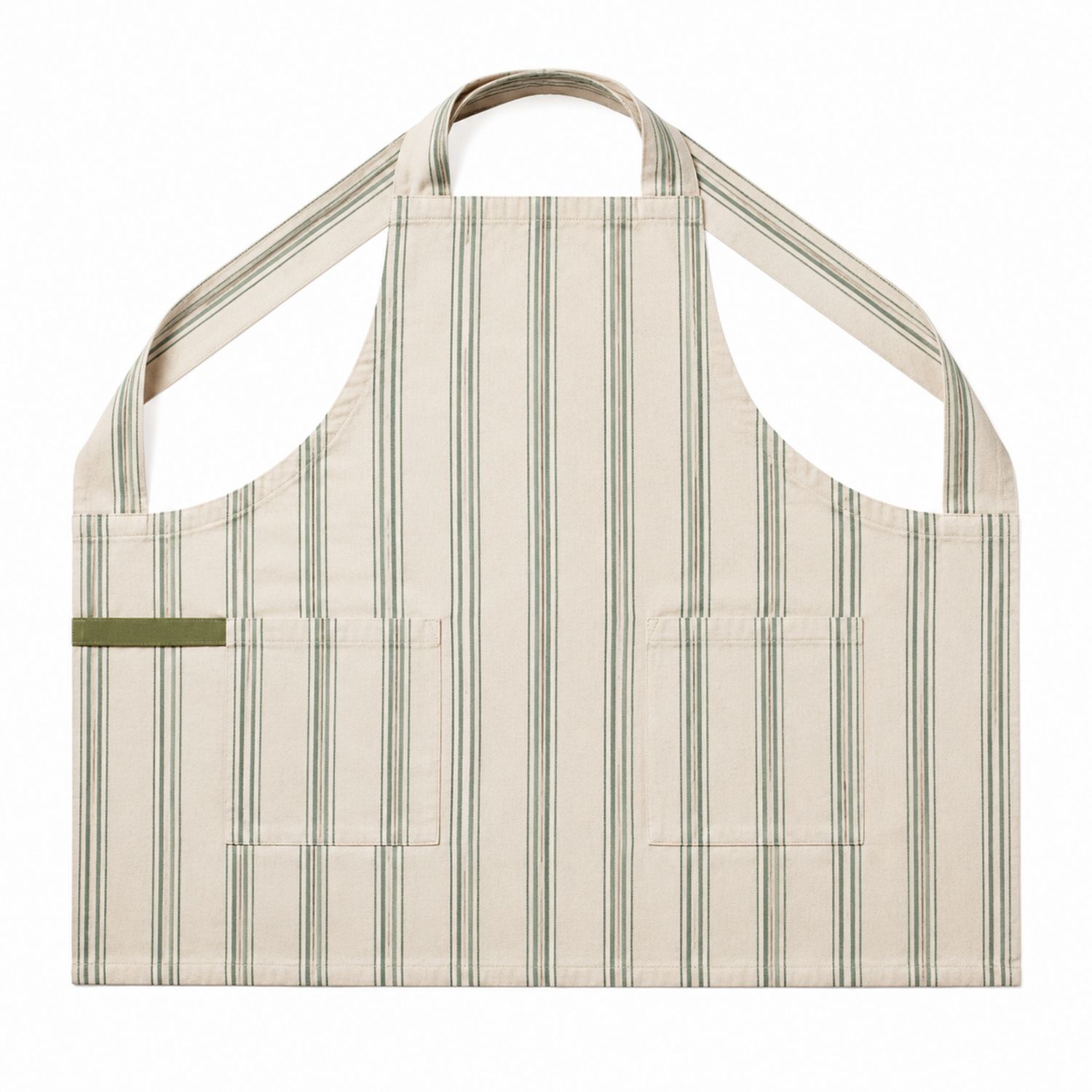 Tablier de Cuisine à Rayures Beige et Vert avec Poches
