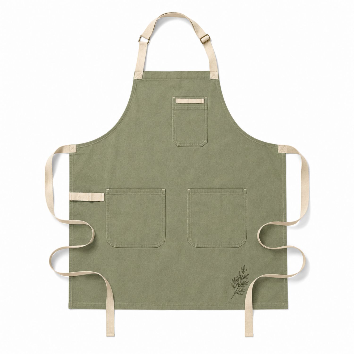 Tablier de cuisine vert réglable avec broderie et poches multiples