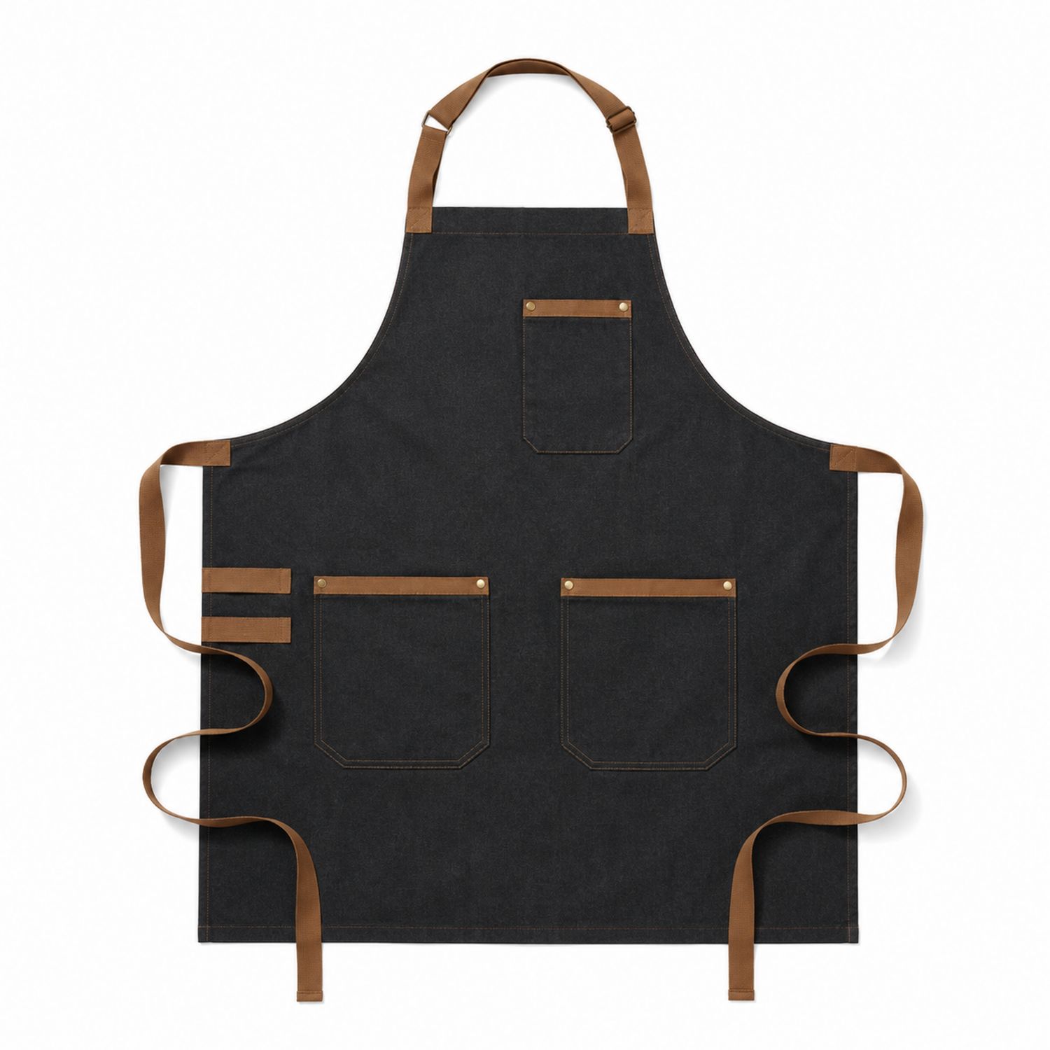 Tablier de Cuisine Noir avec Bretelles Marron et Poches Multiples