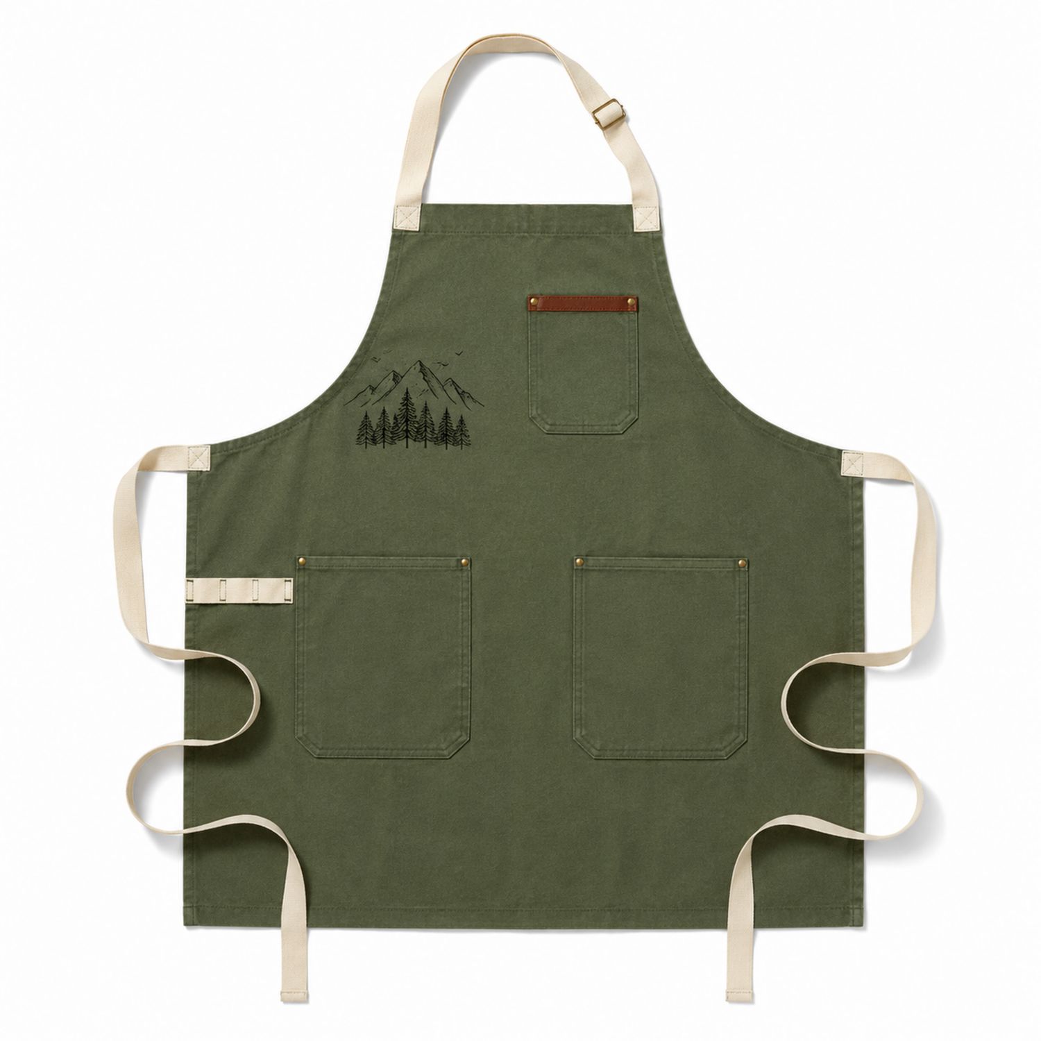 Tablier de Cuisine Vert avec Motif Montagne et Poches