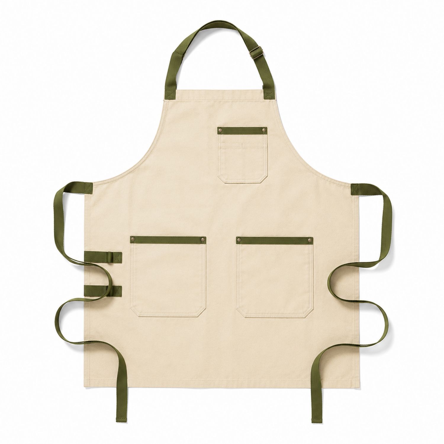 Tablier de Cuisine Beige avec Poches Multiples et Attaches Vertes