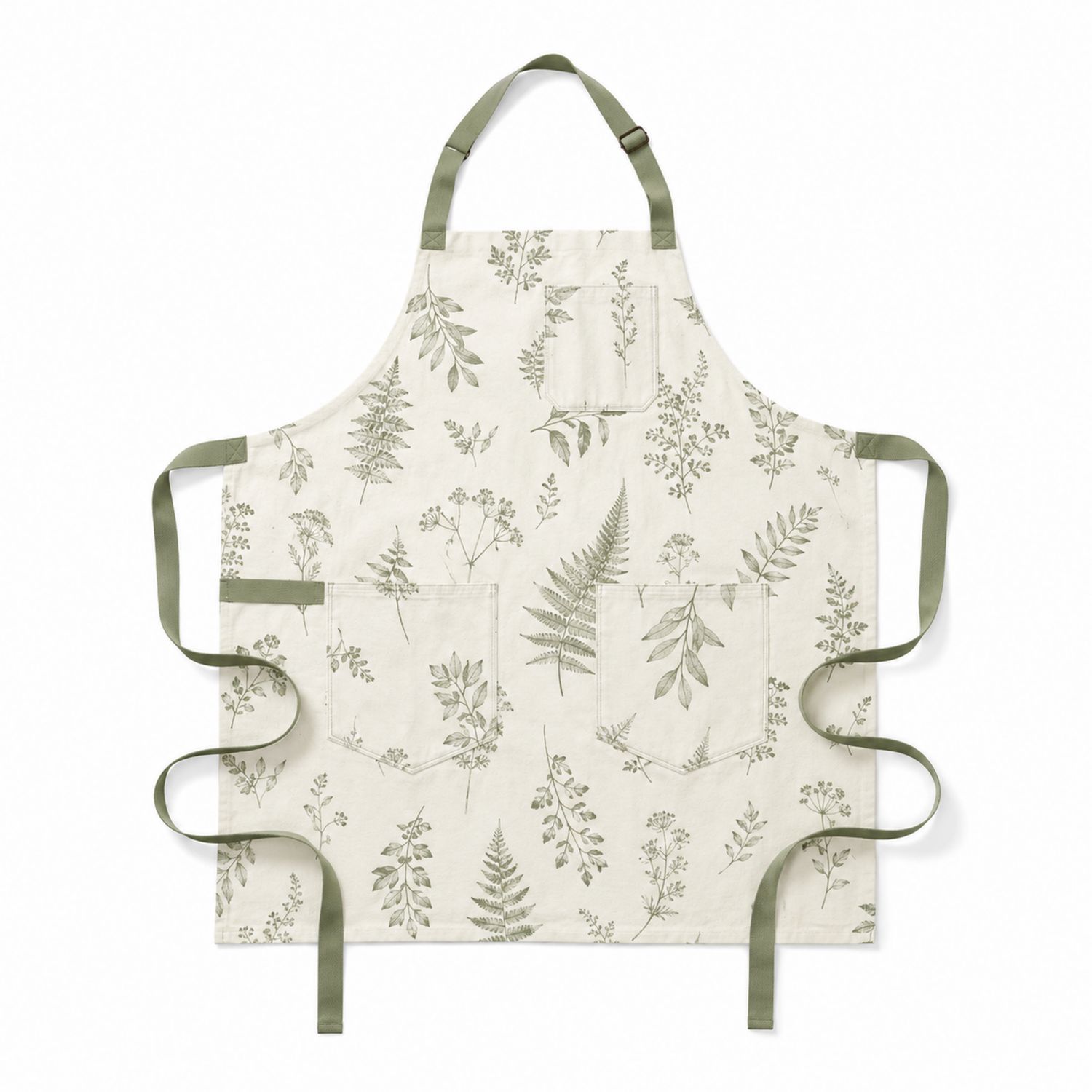 Tablier de Cuisine Beige avec Motif de Feuilles Vertes et Poches