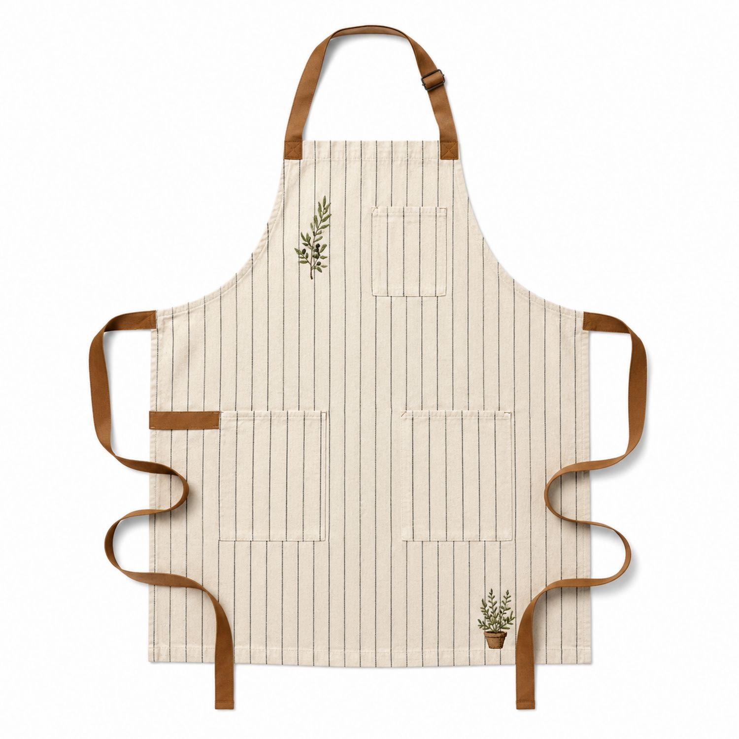 Tablier Rayé avec Broderies et Poches, Beige et Marron