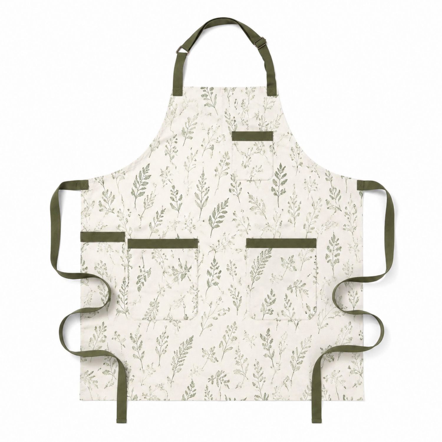 Tablier de Cuisine Imprimé Floral avec Poches - Blanc et Vert