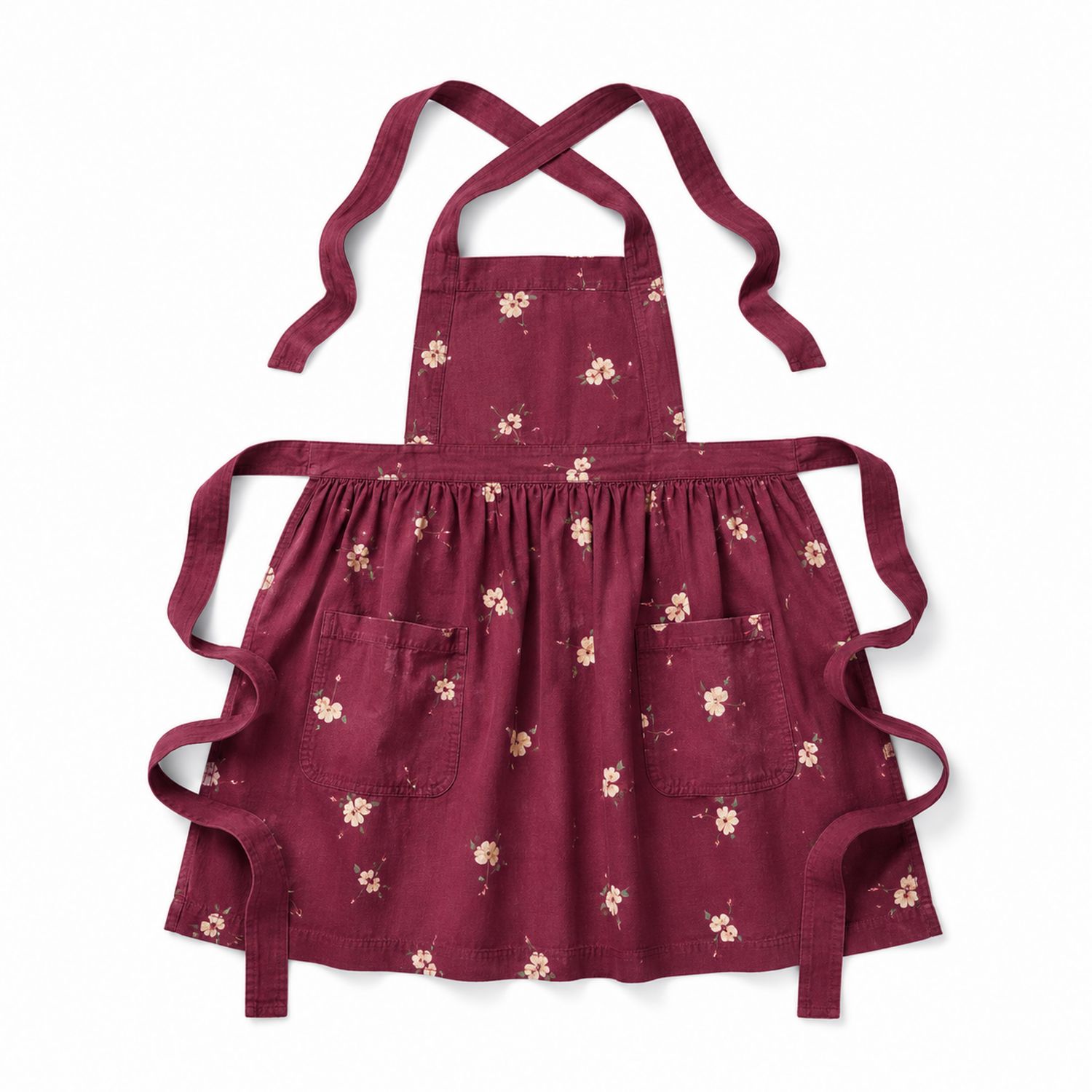 Tablier Enfant Bordeaux à Motif Floral avec Poches