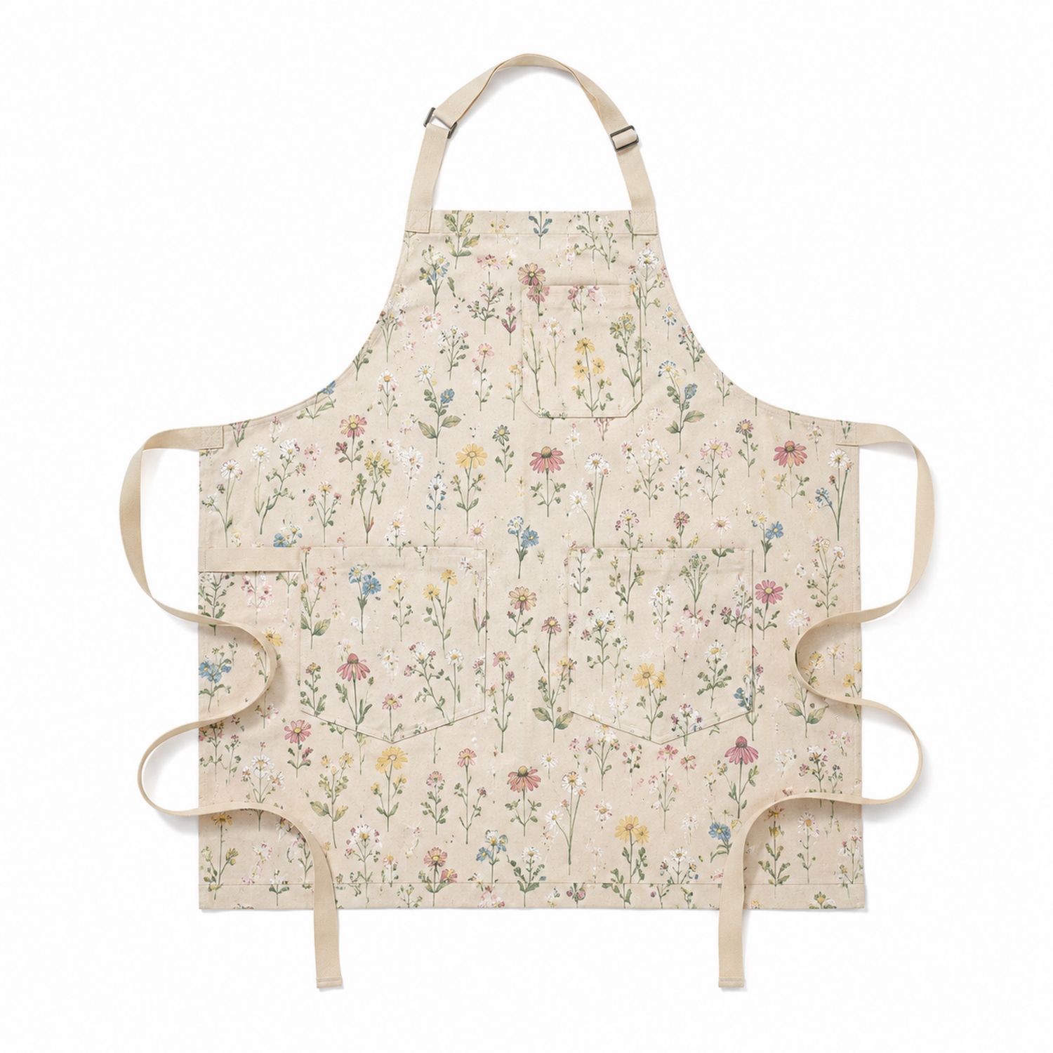 Tablier de Cuisine Imprimé Floral Beige Réglable avec Poches