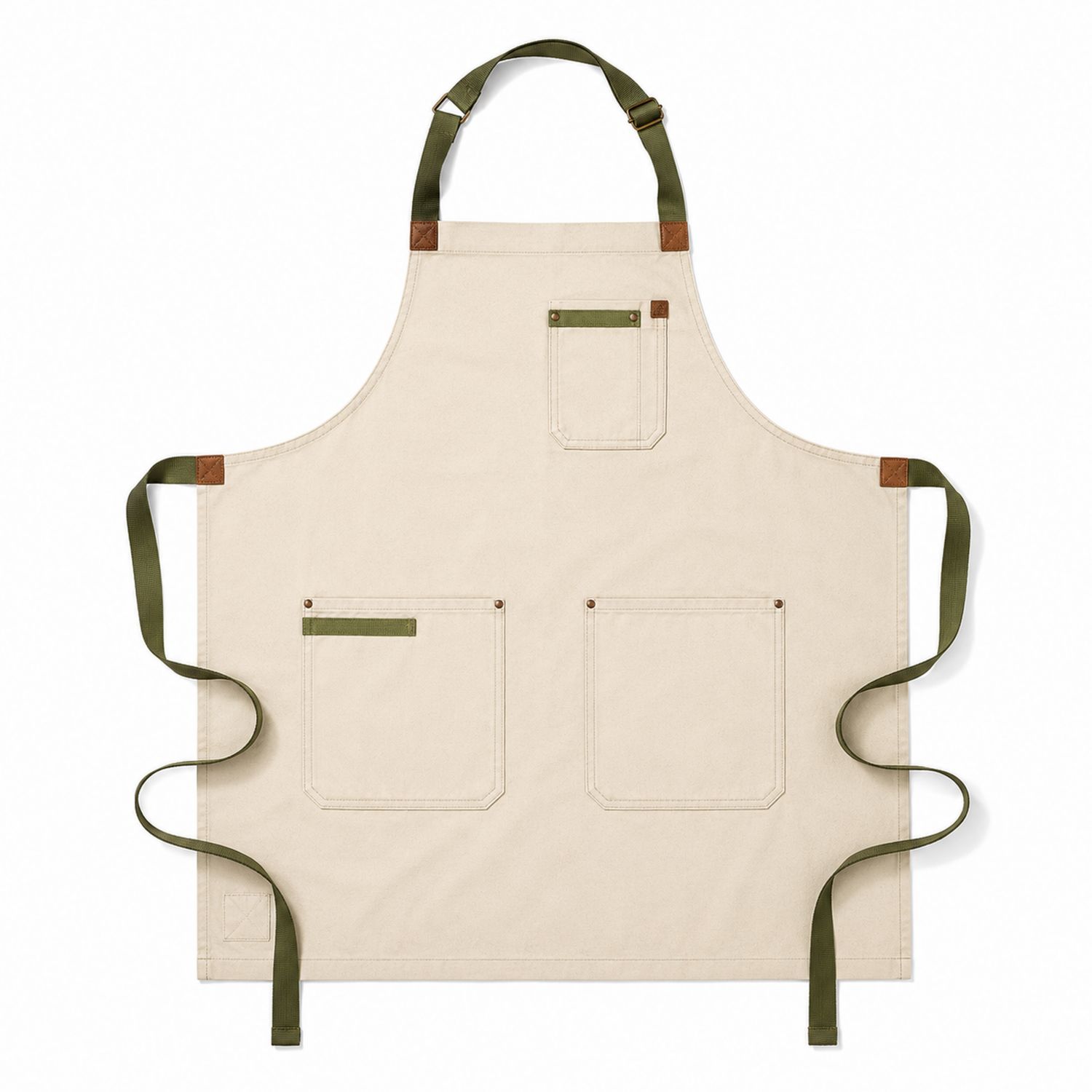 Tablier beige et vert avec poches multiples ajustable
