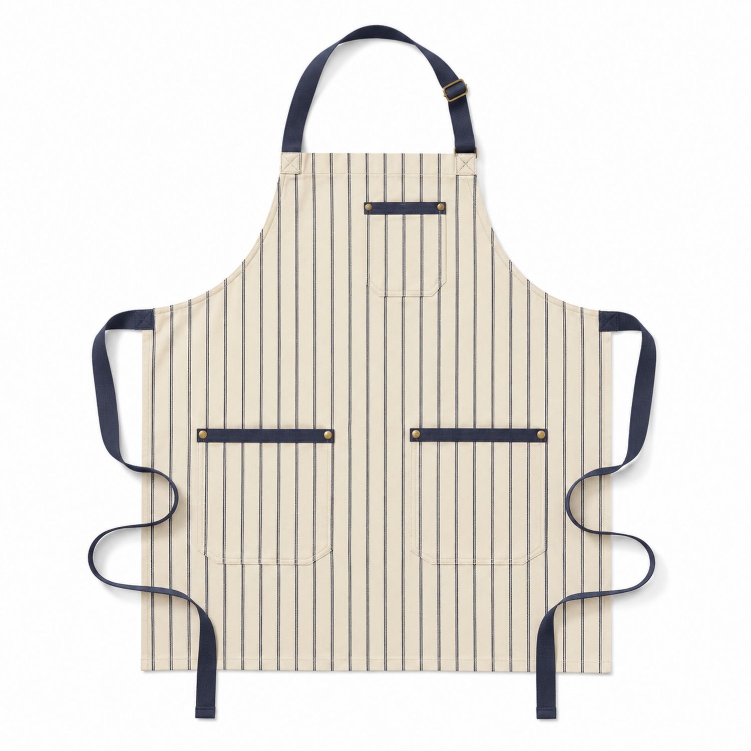 Tablier de Cuisine Rayé Beige et Bleu avec Poches Réglables