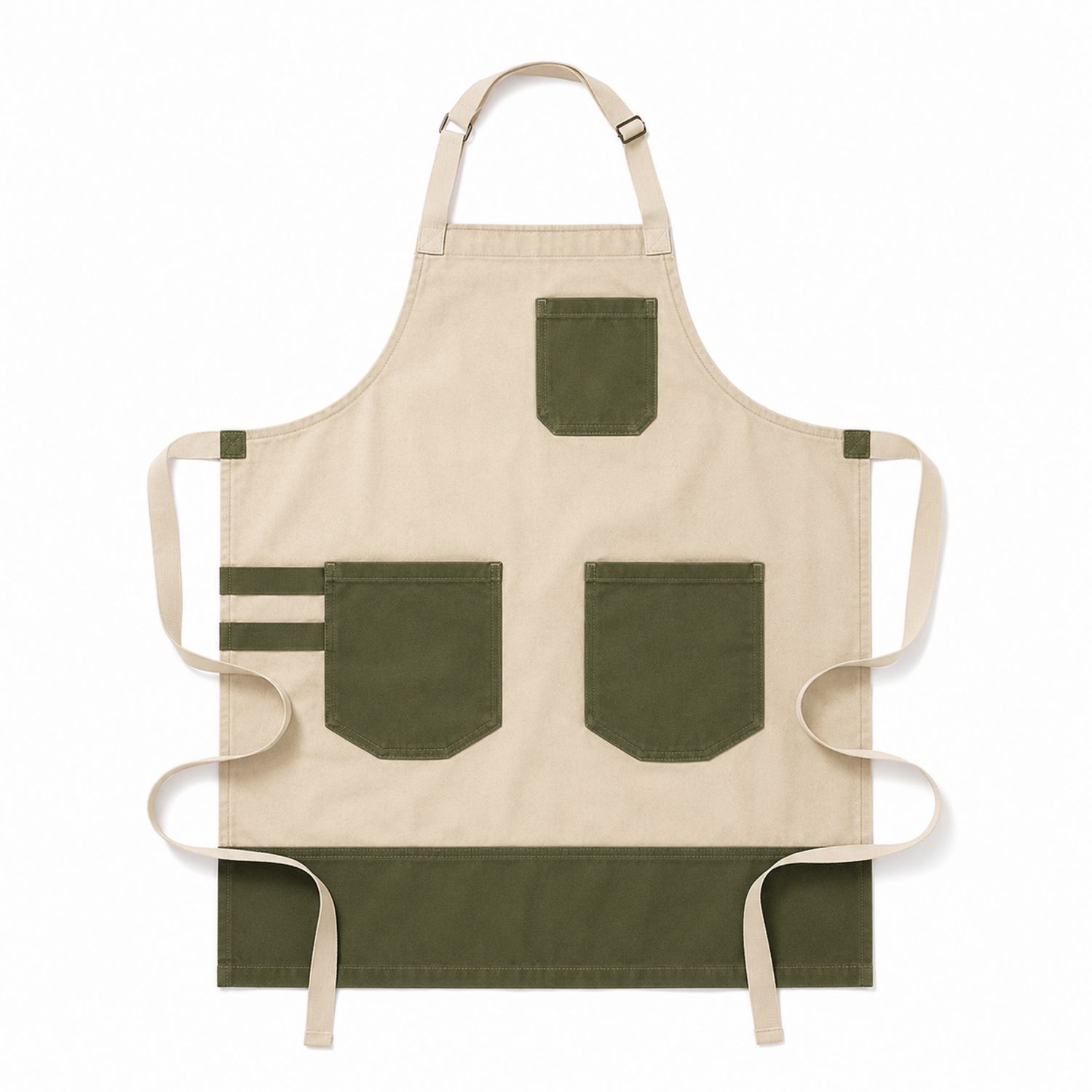 Tablier de Cuisine Beige et Kaki avec Poches Multiples