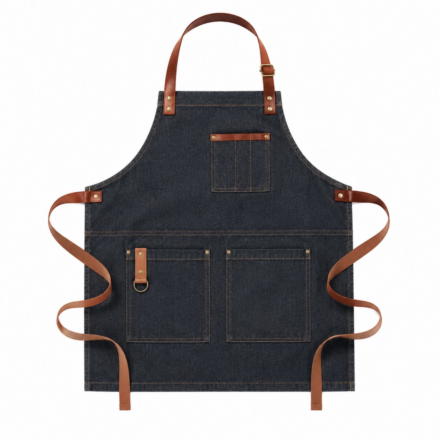 Tablier en jean bleu foncé avec lanières marron et poches