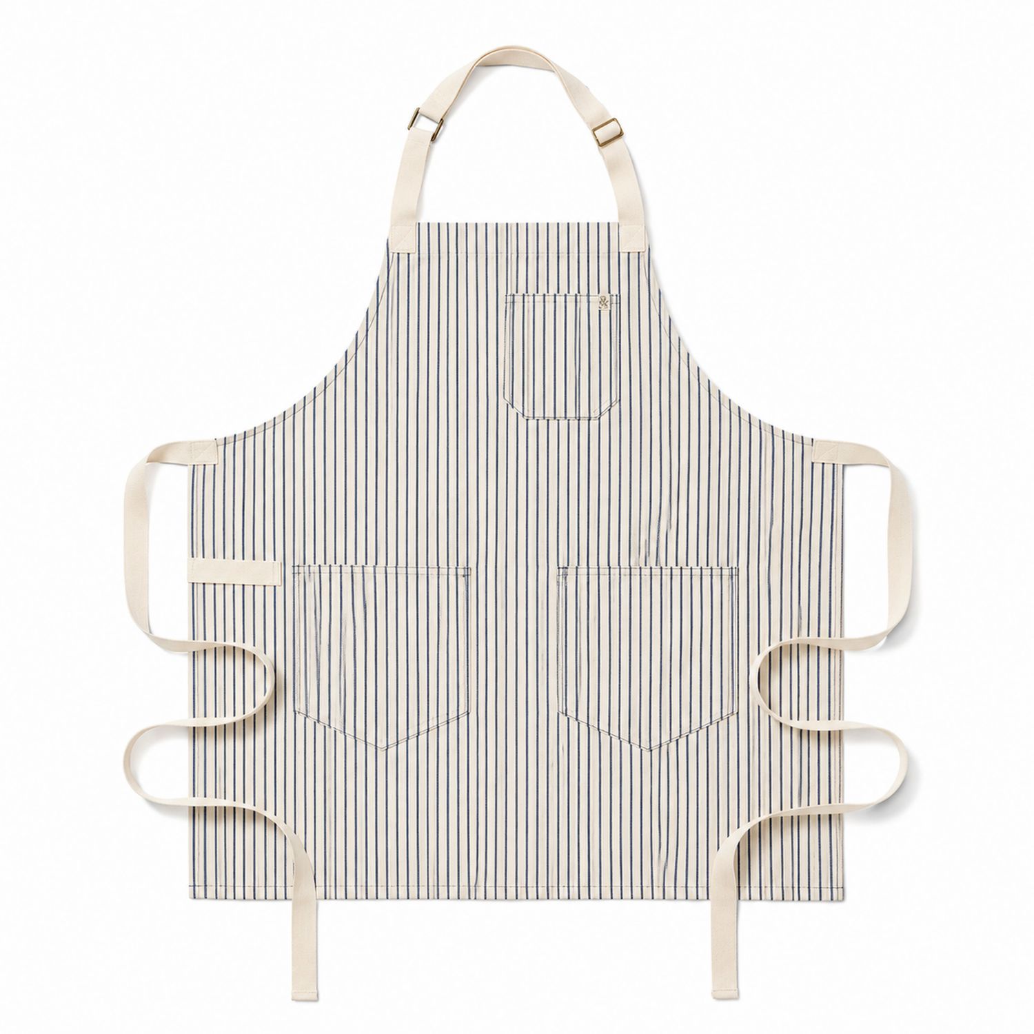 Tablier rayé ajustable beige et bleu avec poches