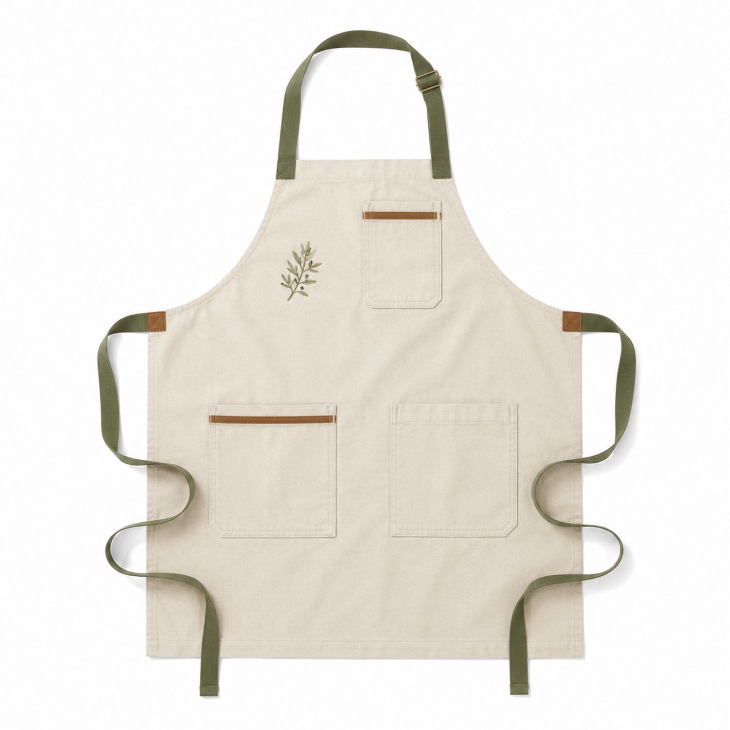 Tablier de Cuisine Beige avec Broderie Végétale et Poches Multiples
