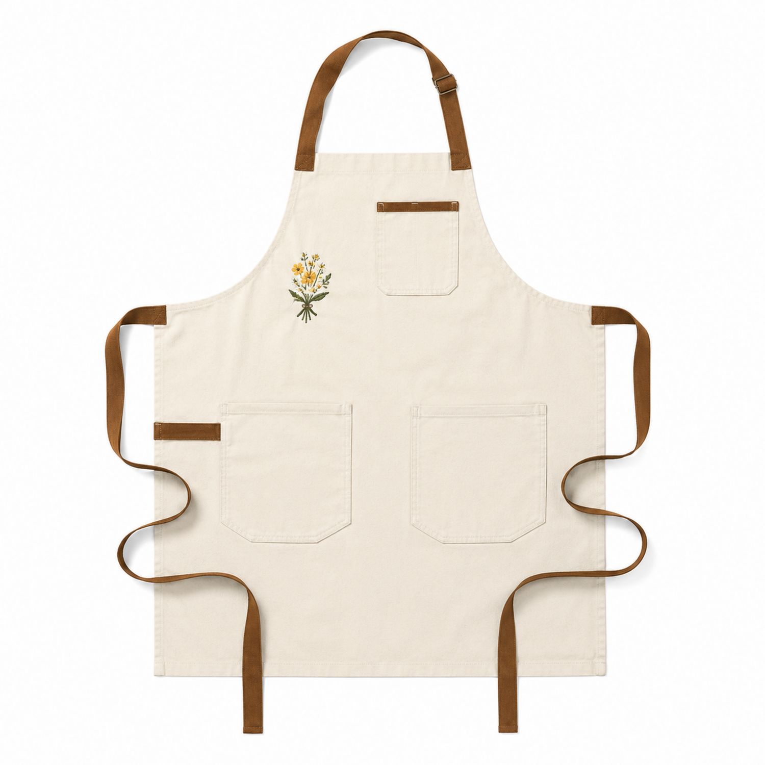 Tablier de Cuisine Beige avec Broderie Florale et Poches Multiples